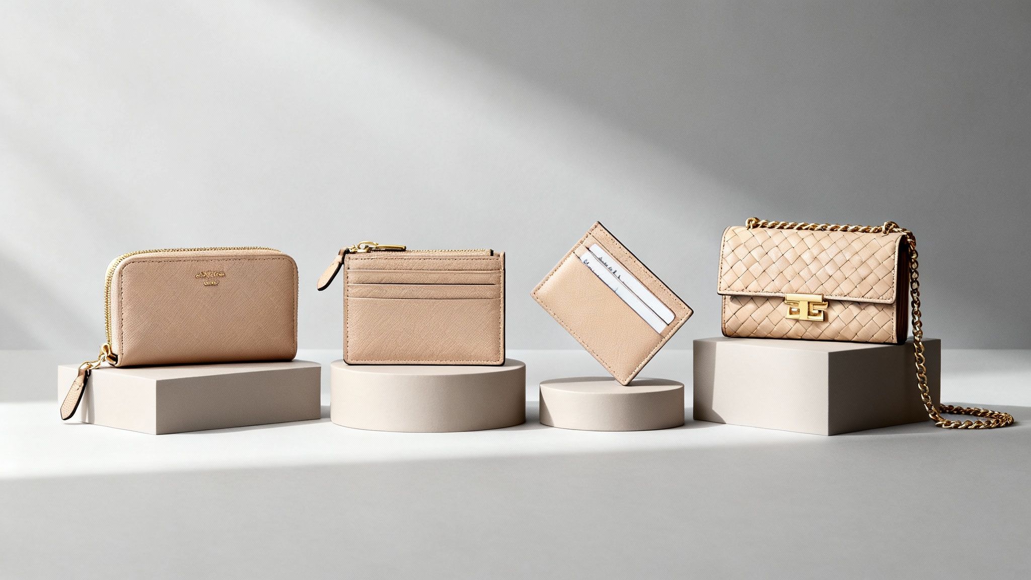 A stylish woman holding a designer wallet against a neutral background