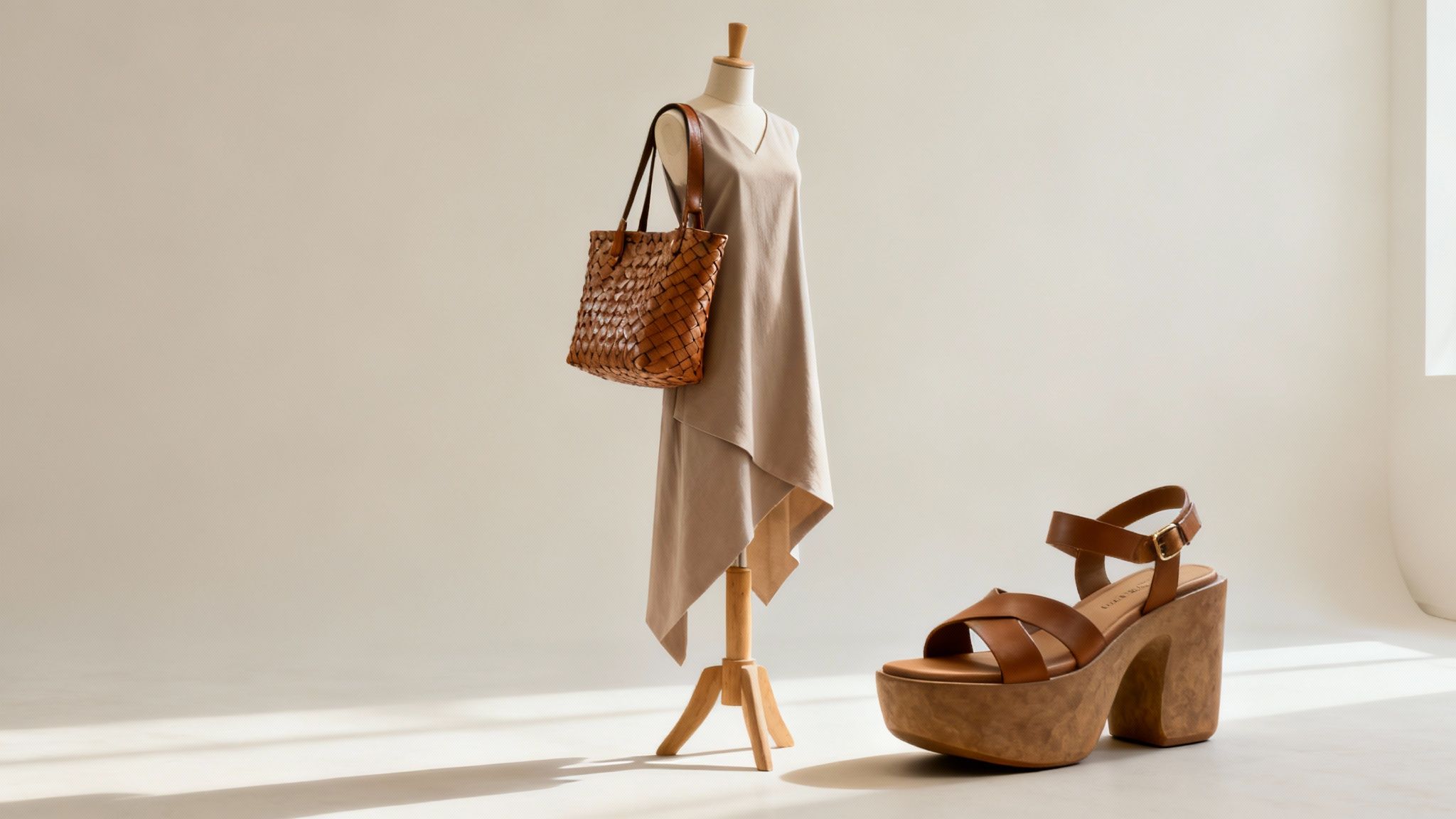 Beige asymmetric dress on mannequin with woven brown leather bag and platform sandals