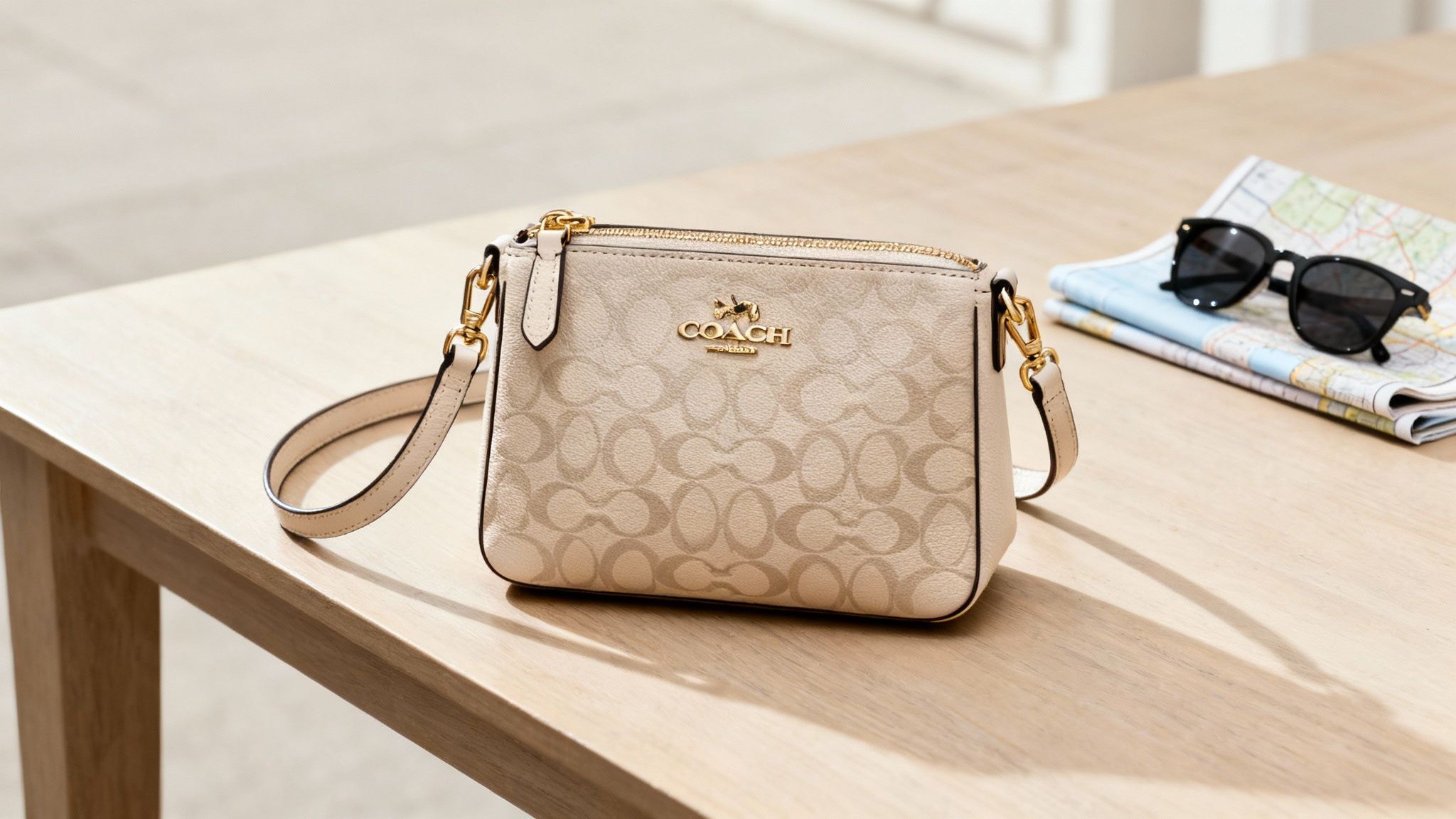 woman holding a white Coach crossbody bag