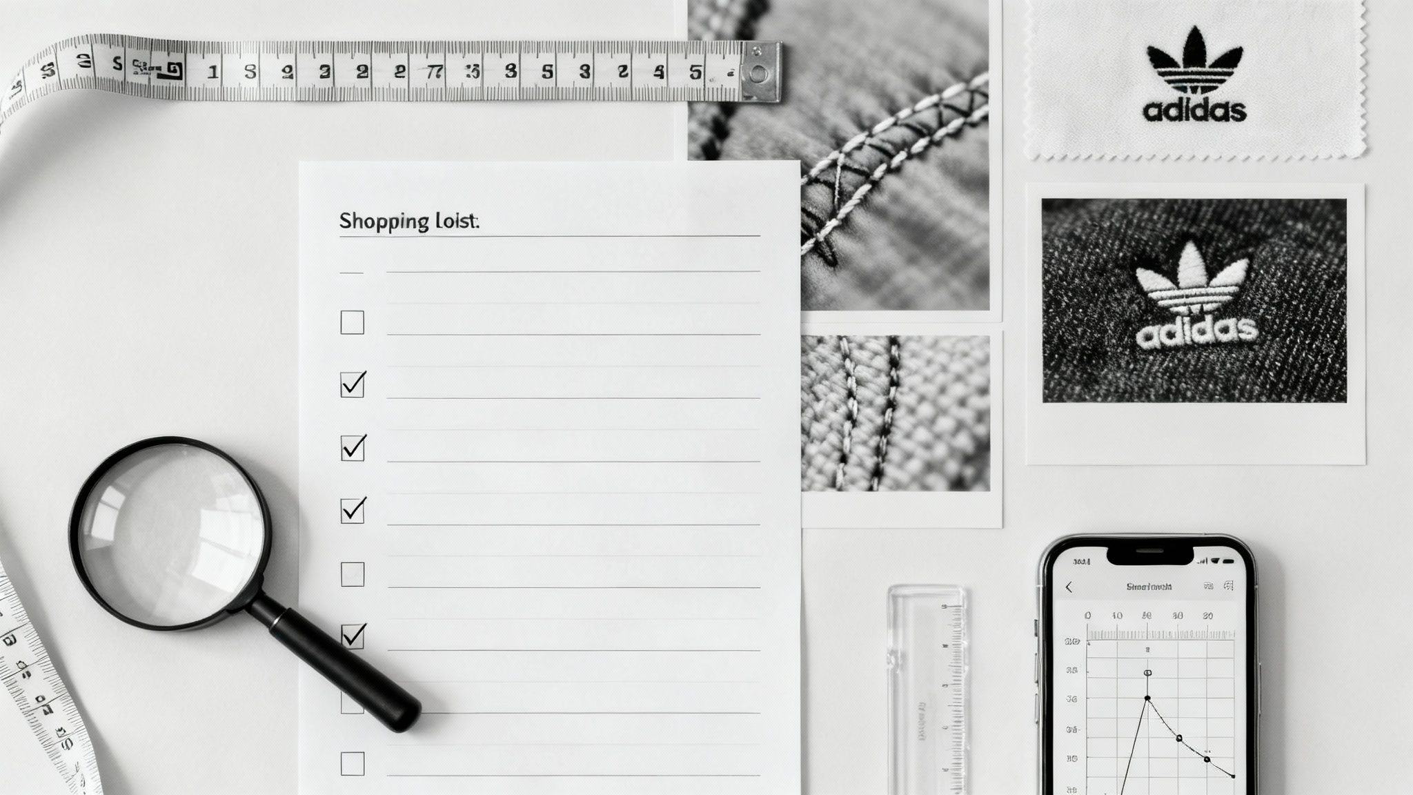Shopping list with checkboxes, magnifying glass, ruler, phone displaying analytics, and Adidas brand materials