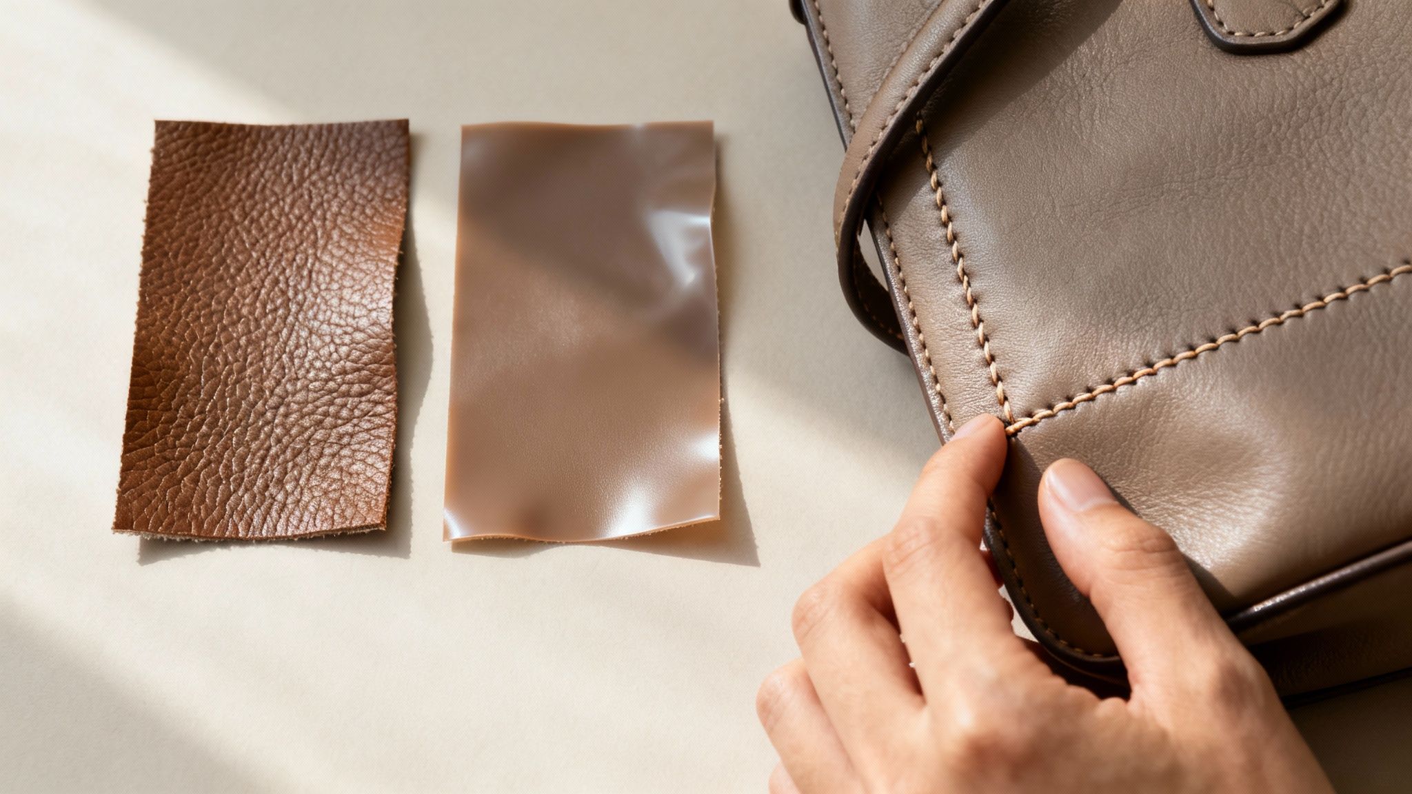 Hand examining authentic designer leather bag with material swatches showing texture comparison