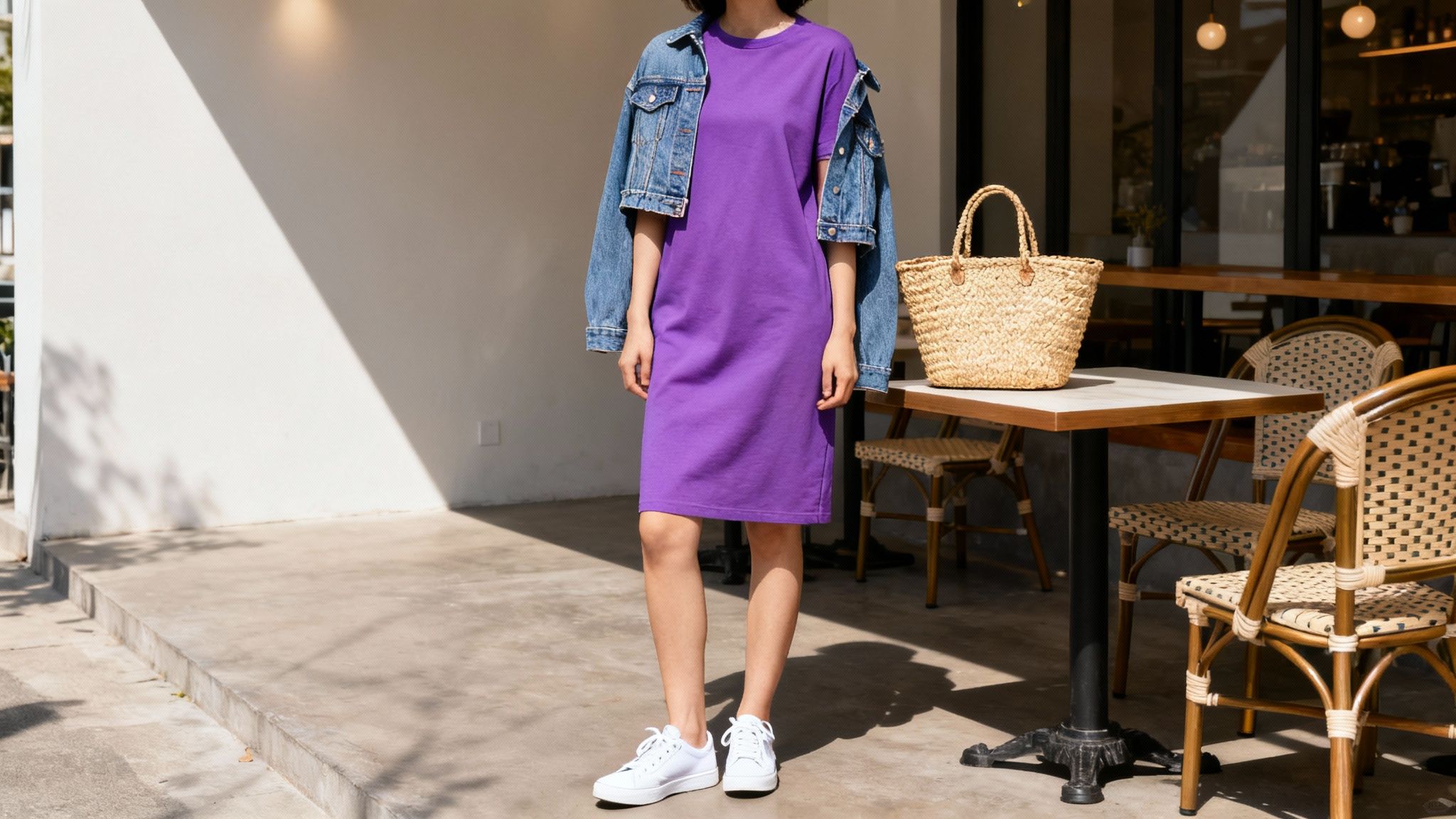 Uma mulher vestindo um vestido roxo vibrante e uma jaqueta jeans, segurando uma bolsa de palha.