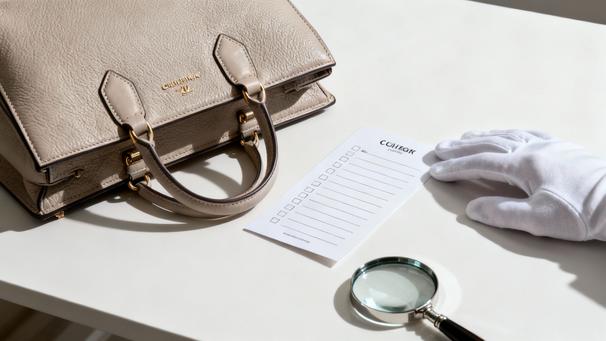 Designer handbag authentication with magnifying glass, white gloves, and checklist for spotting counterfeits