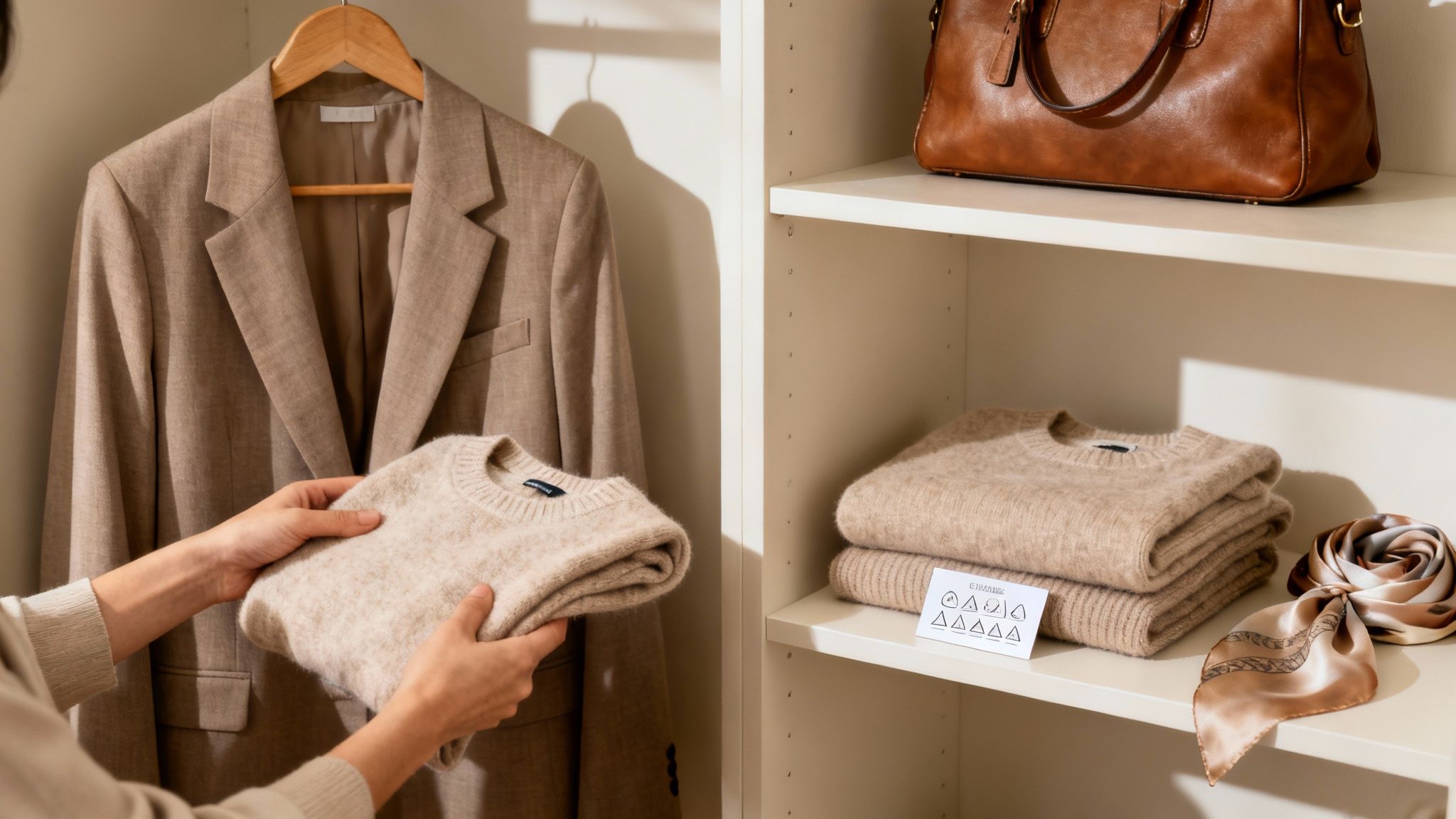 Woman organizing beige cashmere sweater with neutral blazer and accessories in minimalist wardrobe