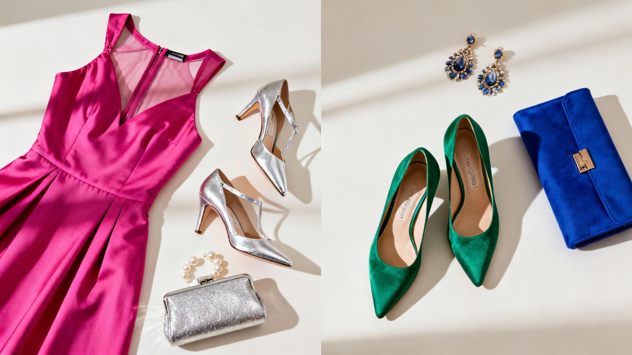 Mulher em um vestido de coquetel fúcsia com acessórios minimalistas.