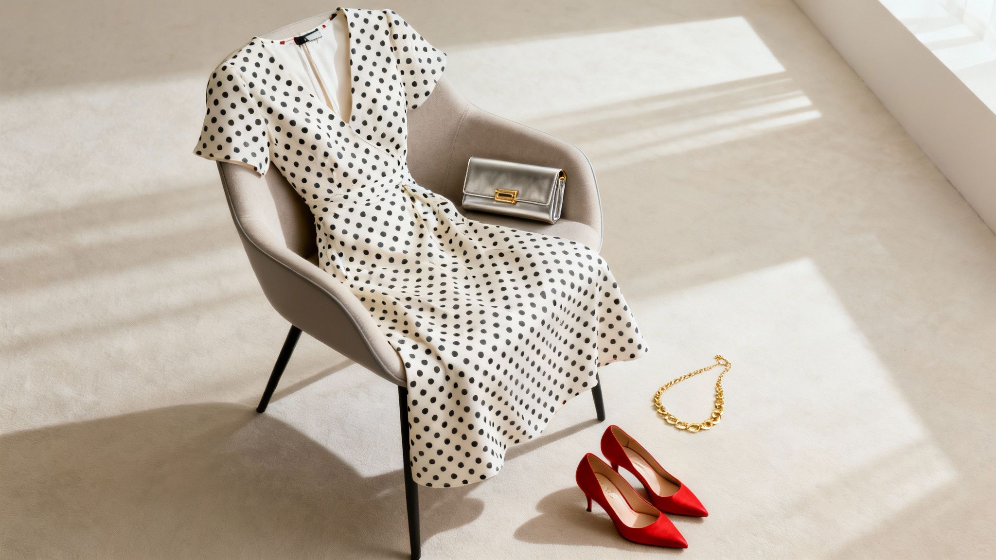 Uma mulher complementando seu vestido de coquetel de bolinhas com uma bolsa vermelha.
