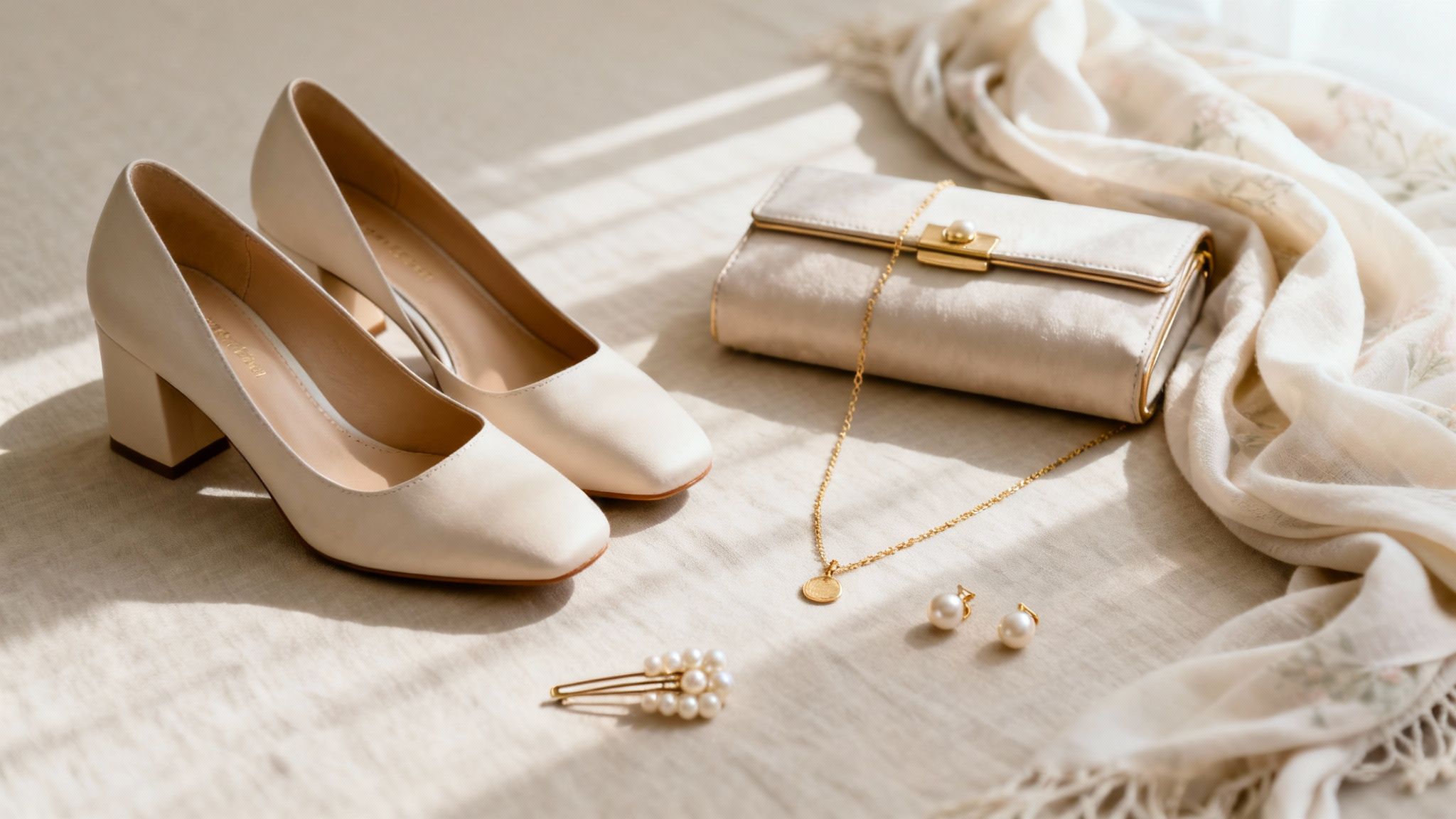 Uma mulher exibindo seus elegantes brincos e carteira em um evento de casamento.