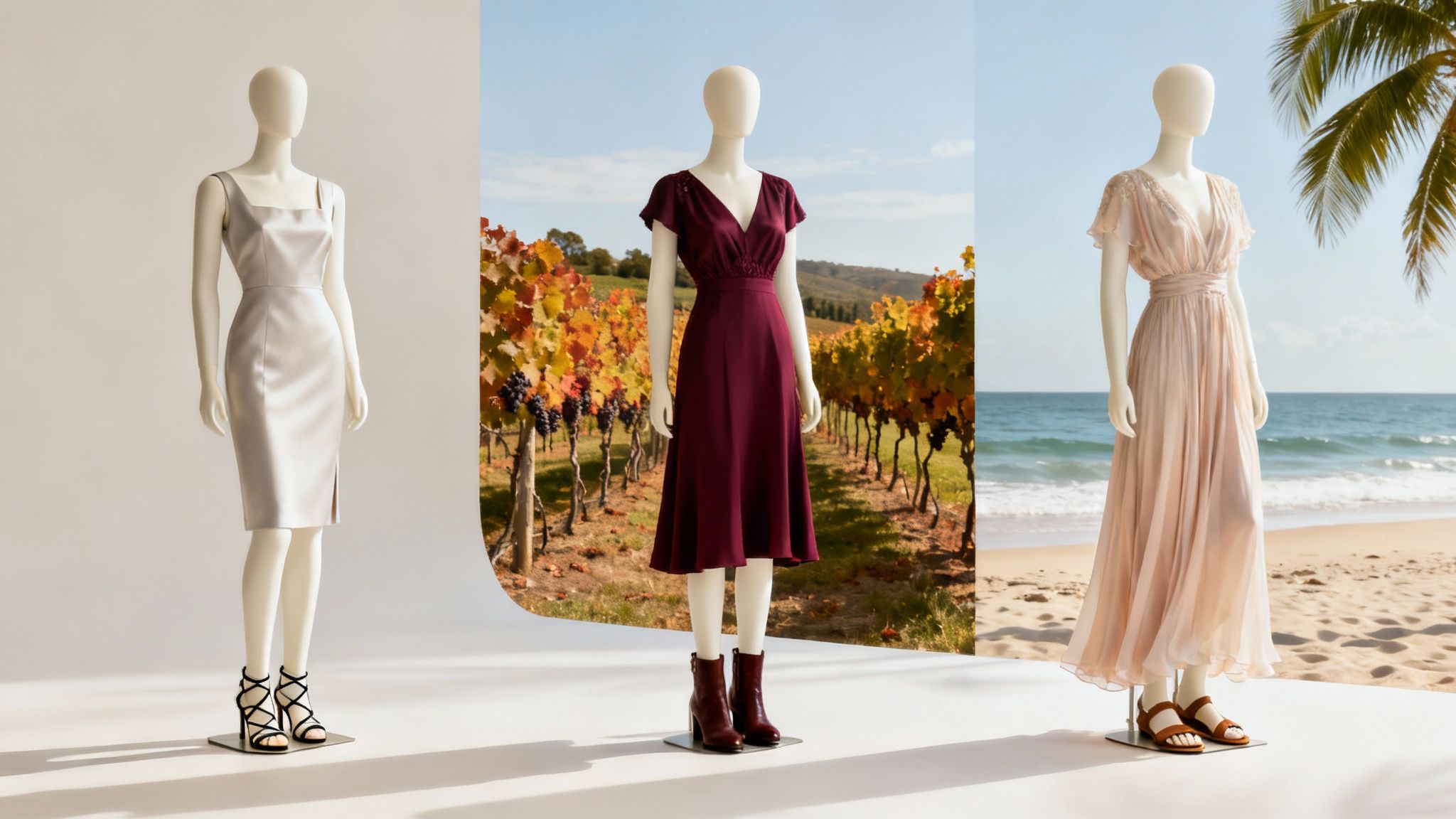 Three women dressed in stylish wedding guest outfits in an outdoor setting.