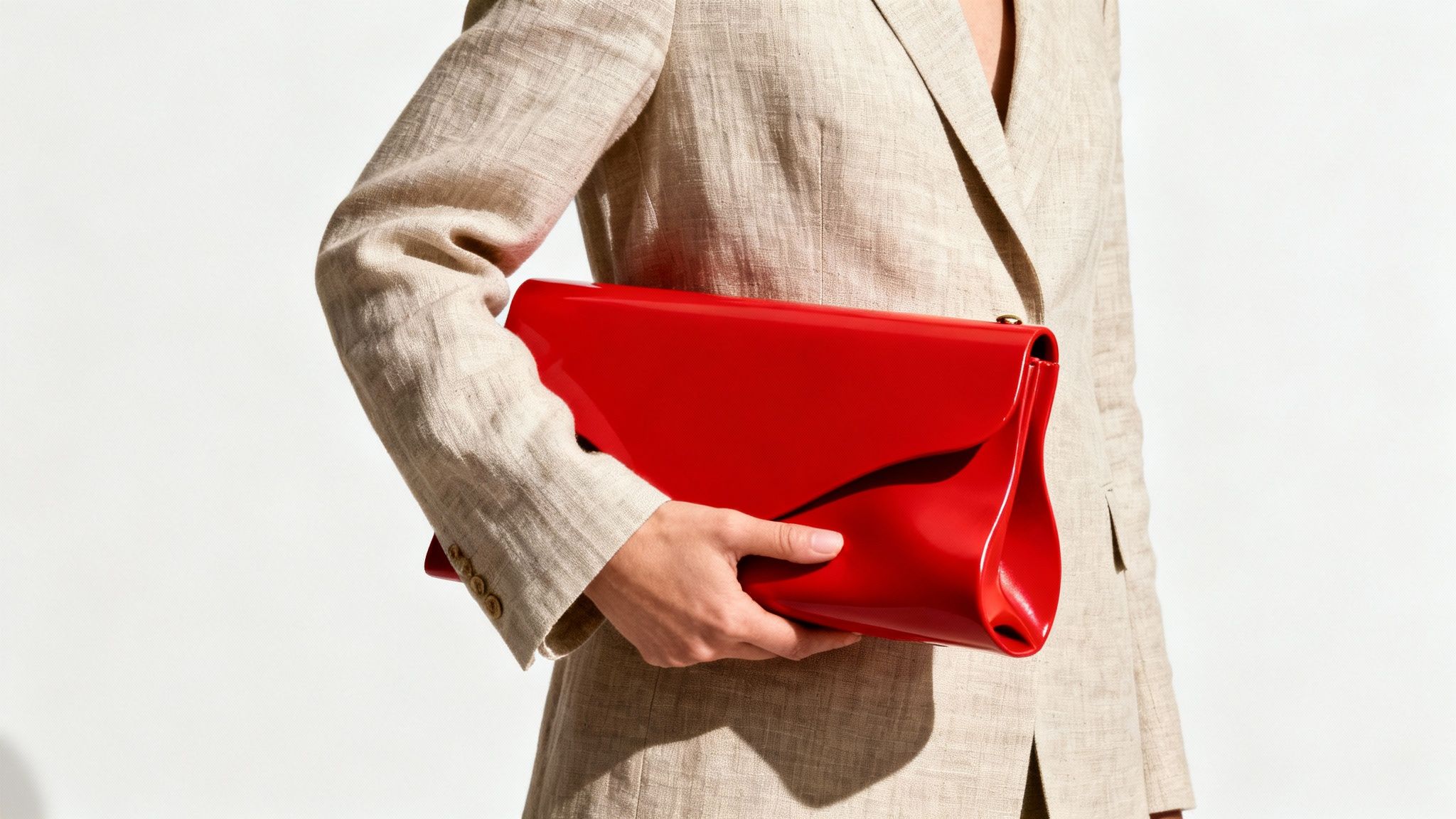 Woman tying a silk scarf around her handbag, demonstrating how to accessorize an outfit.