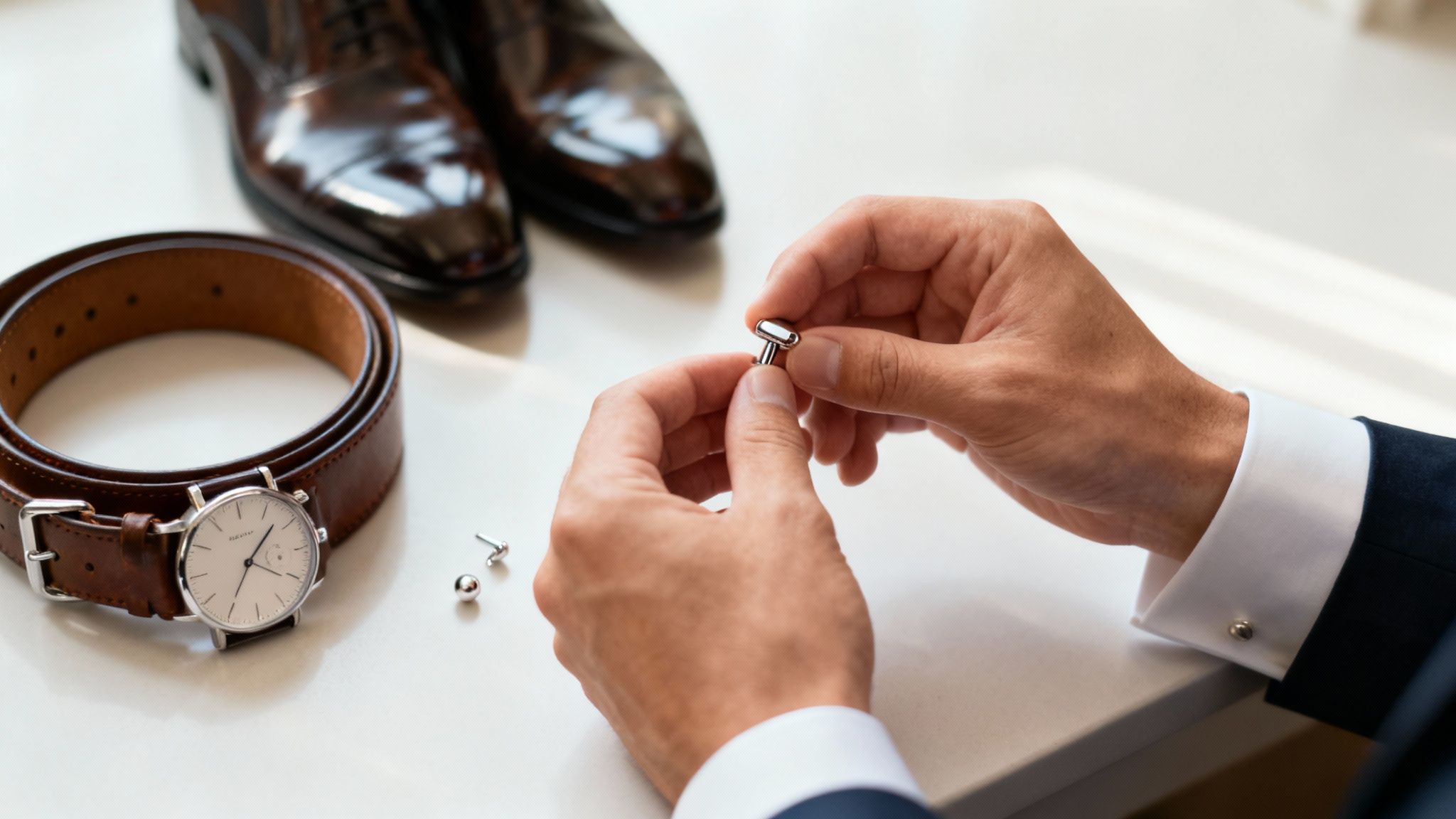 Woman selecting a classic watch to complete her professional outfit.