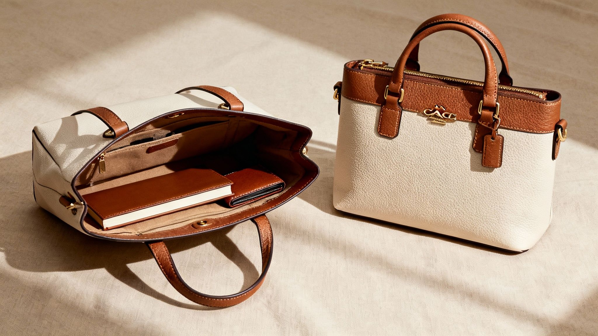 Close-up of a brown leather Coach tote bag