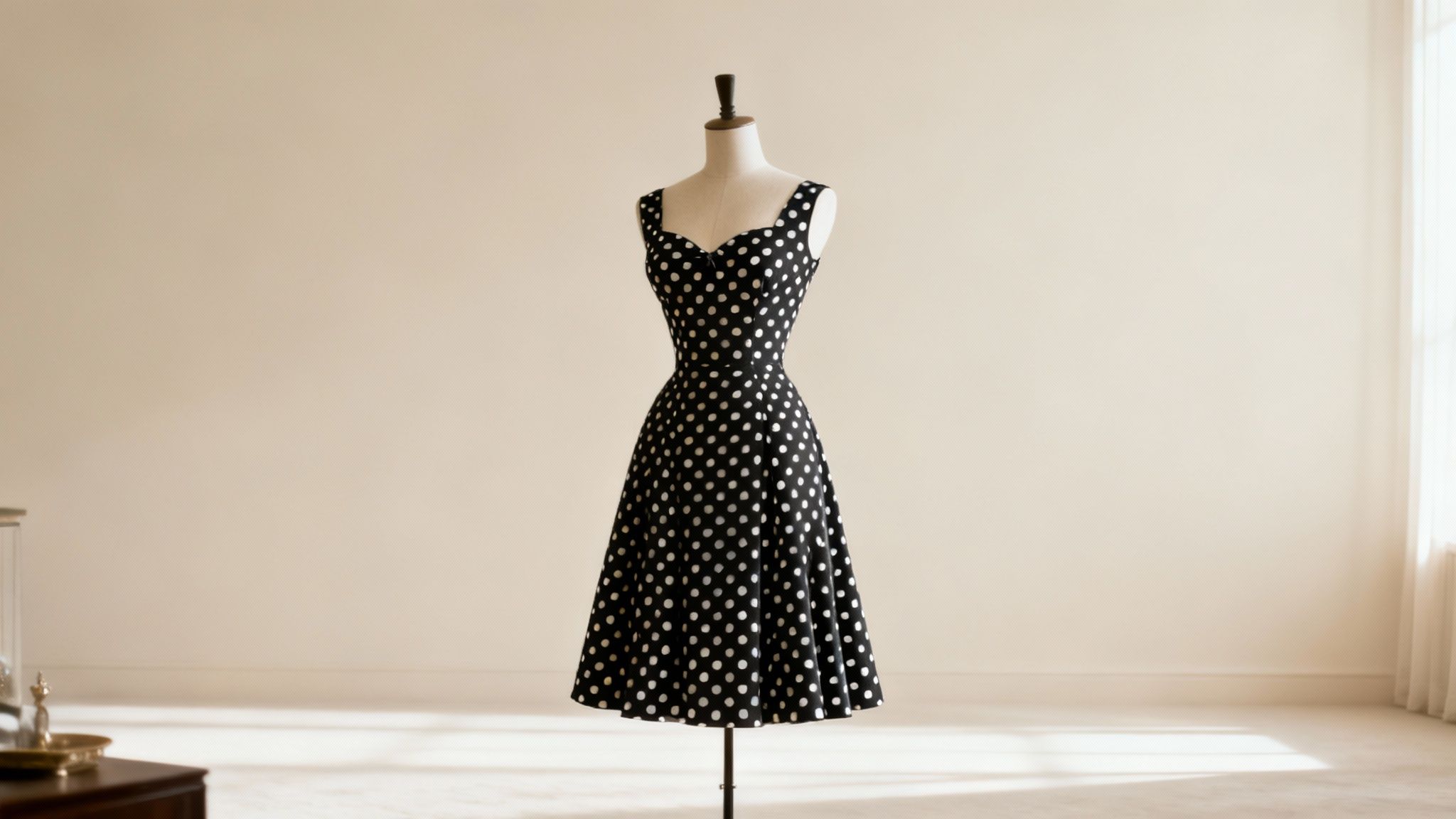 Uma mulher usando um elegante vestido de coquetel de bolinhas.