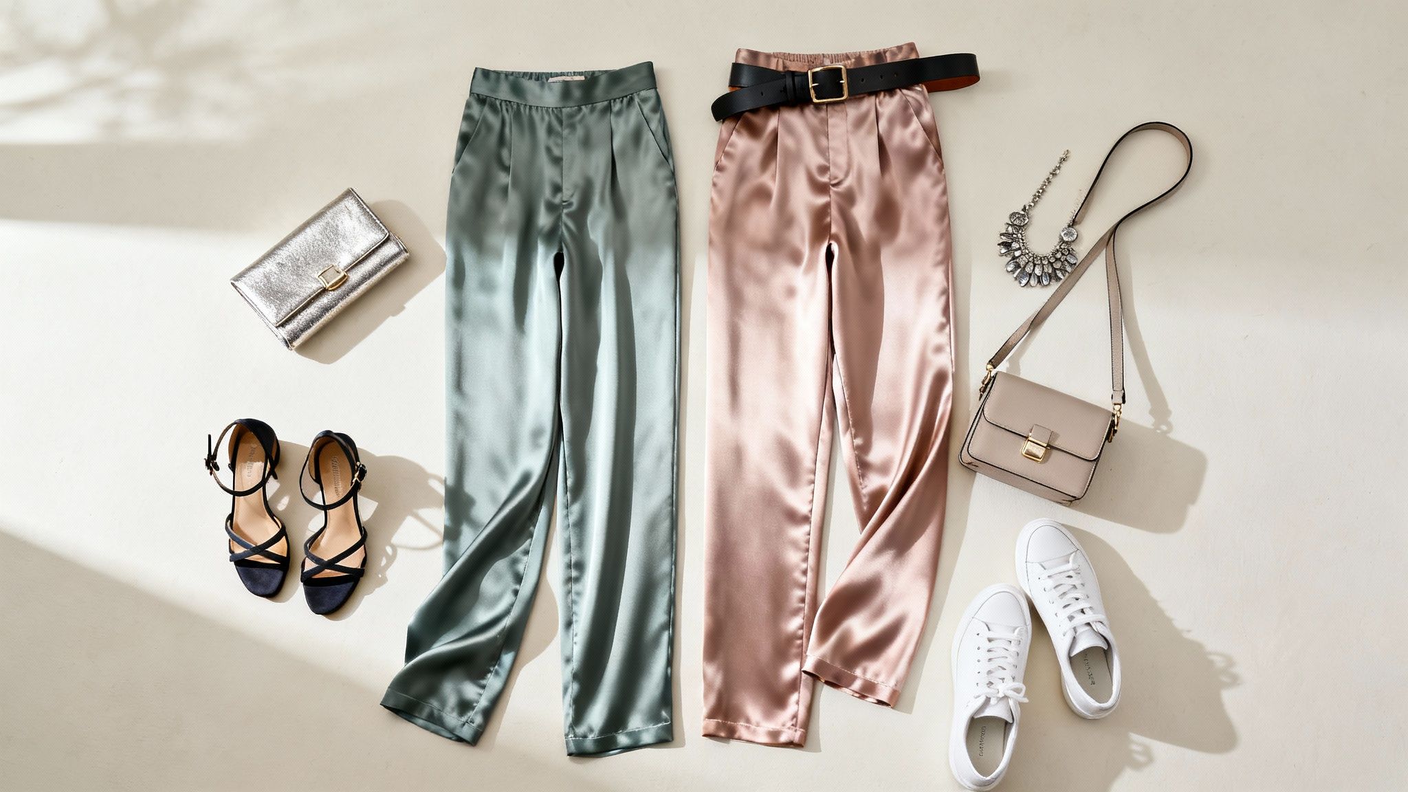 Woman thoughtfully accessorizing her outfit with a necklace and bracelet.