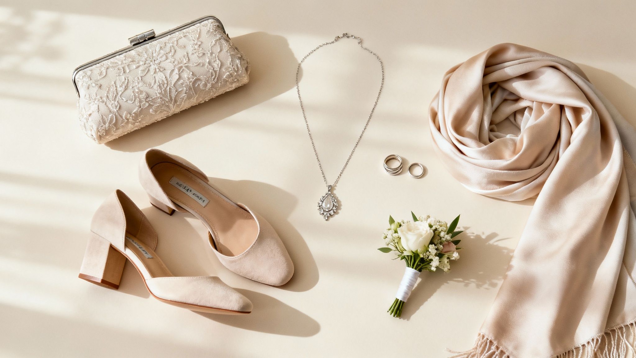 Stylish wedding guest accessories including a handbag, shoes, and jewelry.