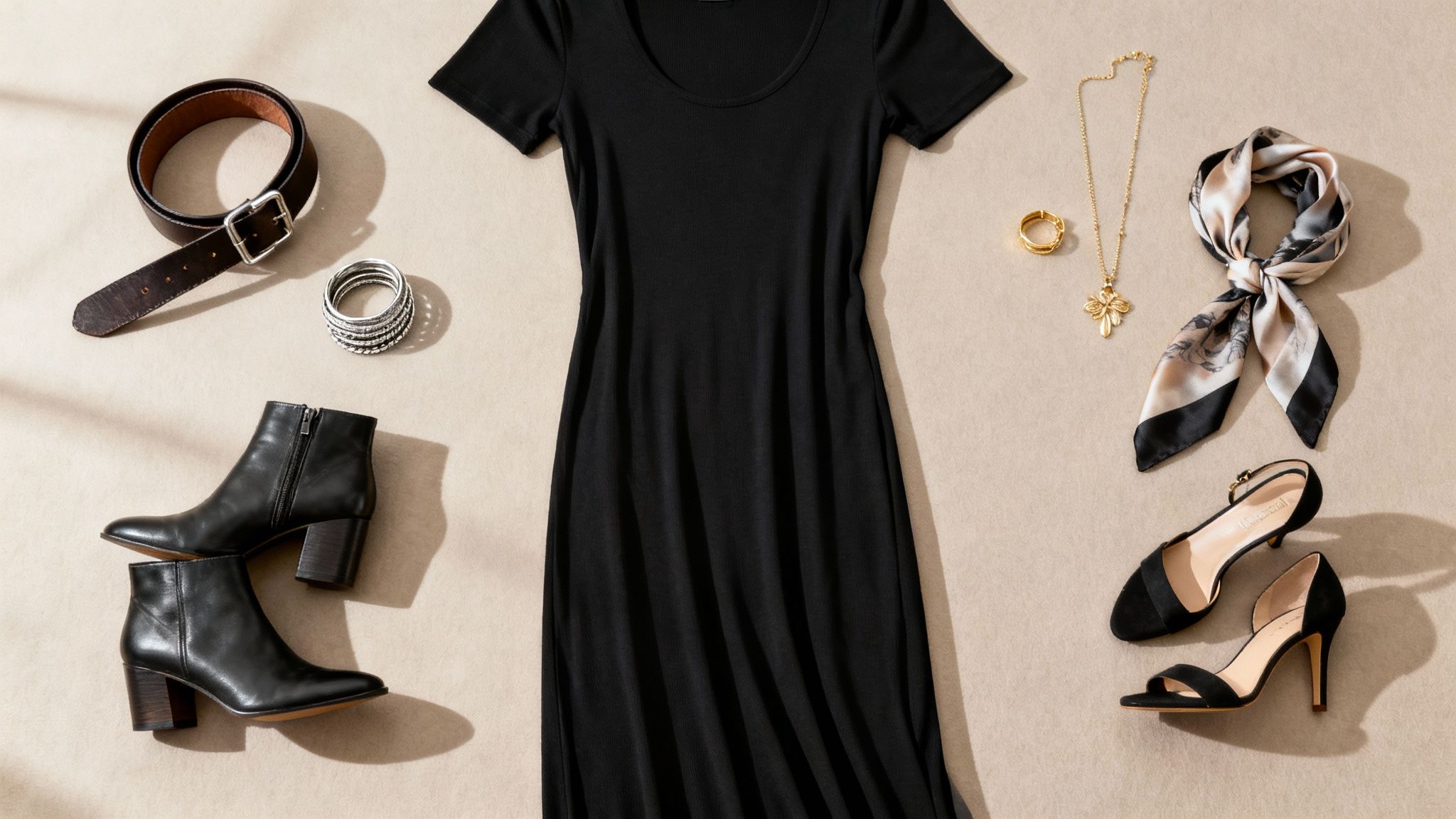 Mulher com um vestido longo floral combinado com um colar marcante e uma carteira de mão.