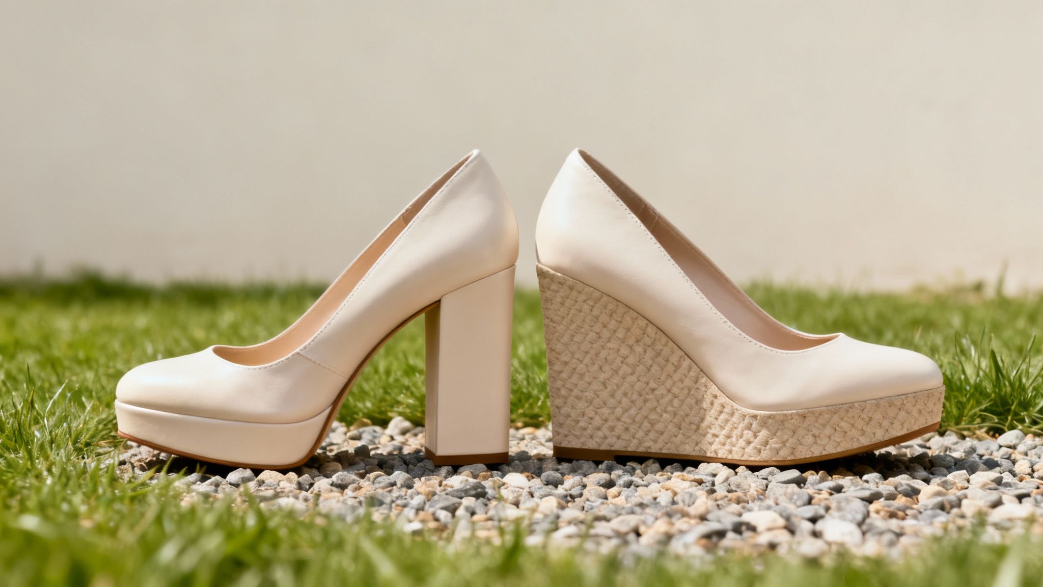 People wearing stylish outdoor wedding shoes at a garden party