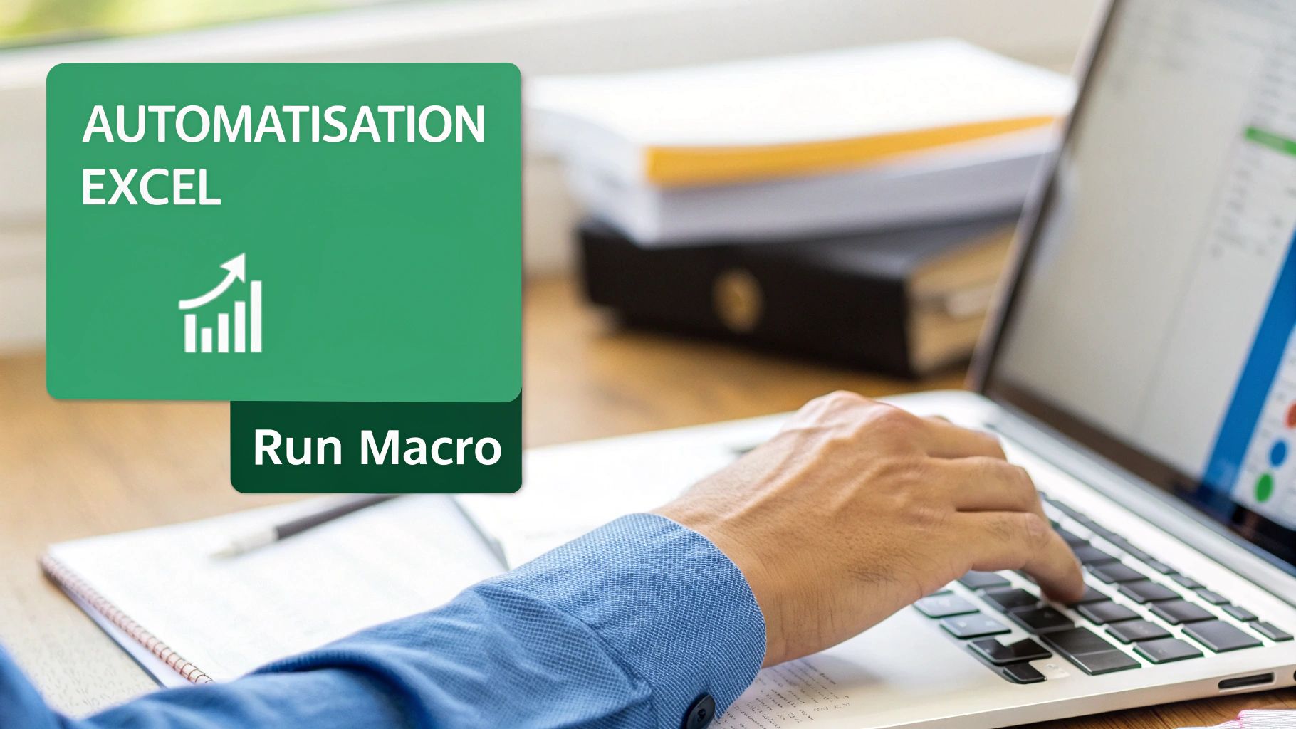 Une personne utilise un ordinateur portable. Deux blocs verts affichent "AUTOMATISATION EXCEL" et "Run Macro".