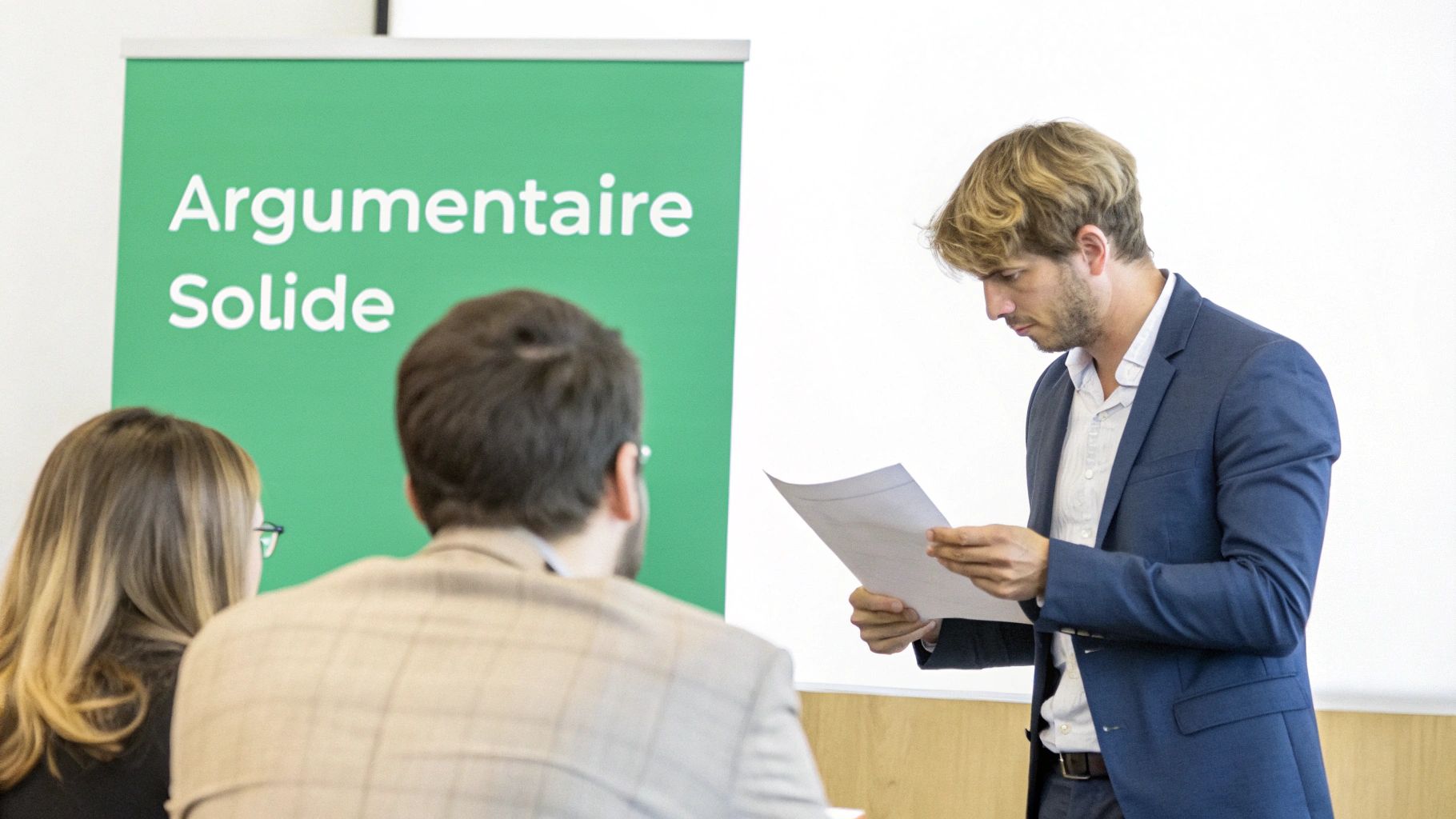 Un homme lit des documents devant un public, avec une bannière verte affichant 'Argumentaire Solide'.