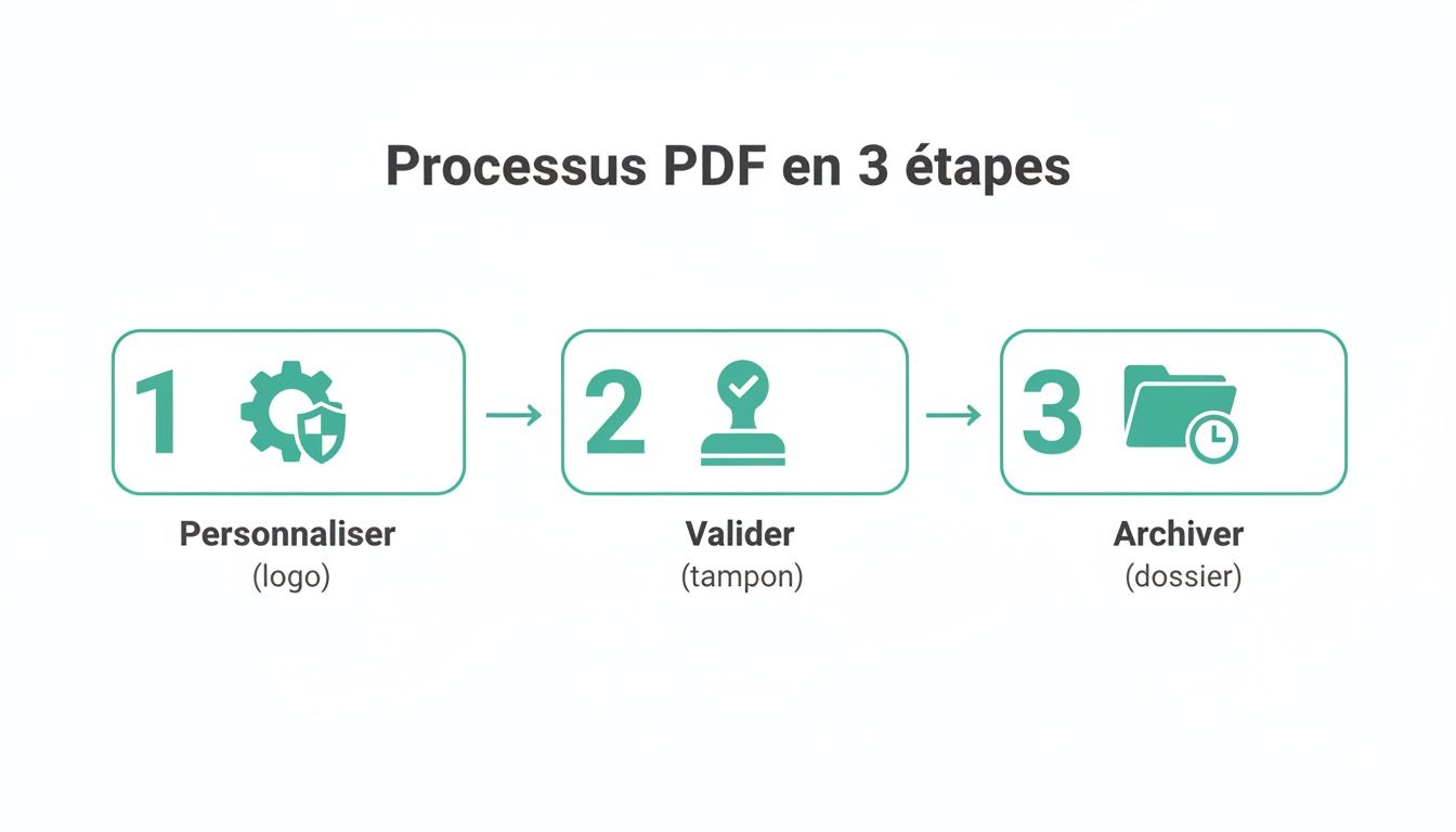 Illustration du processus PDF en 3 étapes : personnalisation (logo), validation (tampon) et archivage (dossier).