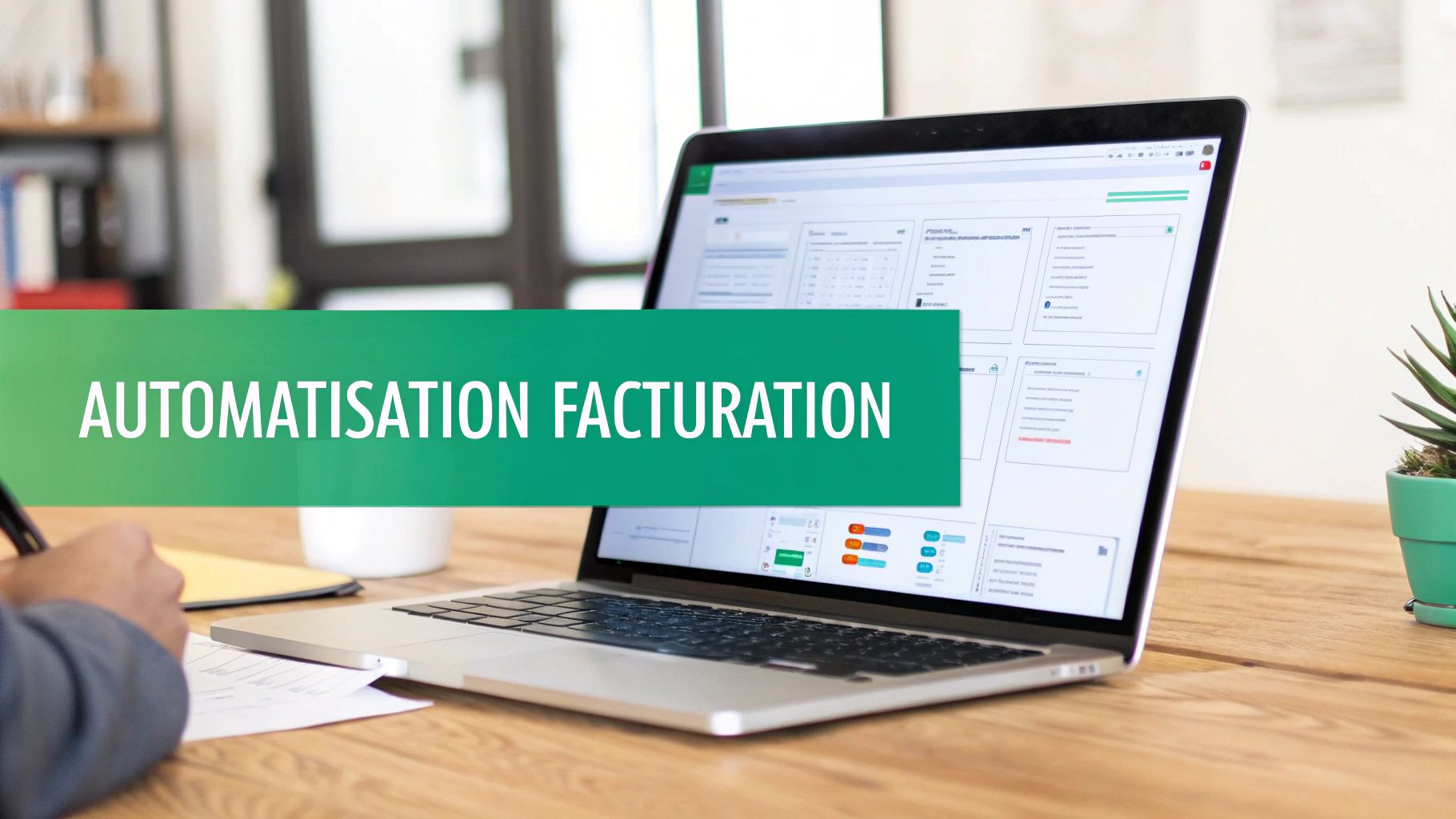 Image d'une personne travaillant sur un ordinateur portable, avec une bannière affichant « AUTOMATISATION FACTURATION ».