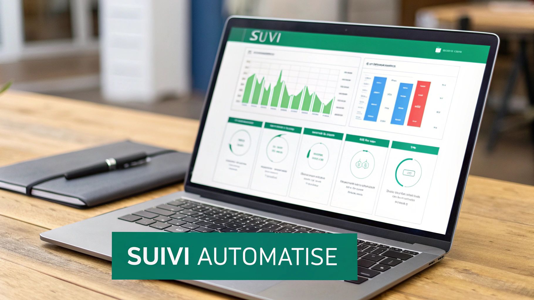 Un ordinateur portable affichant un tableau de bord de suivi automatisé avec des graphiques et des données sur un bureau en bois.