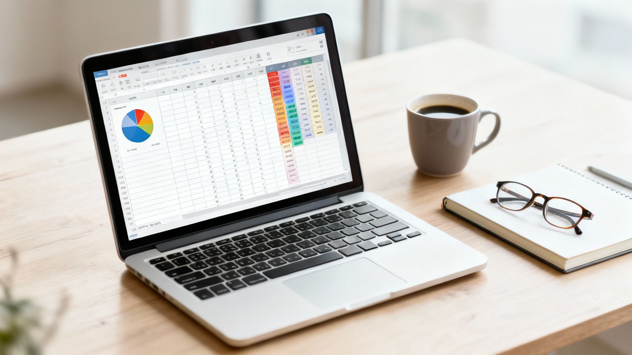 Ordinateur portable sur un bureau en bois affichant un tableur Excel avec graphique. Une tasse de café, un carnet et des lunettes complètent la scène.
