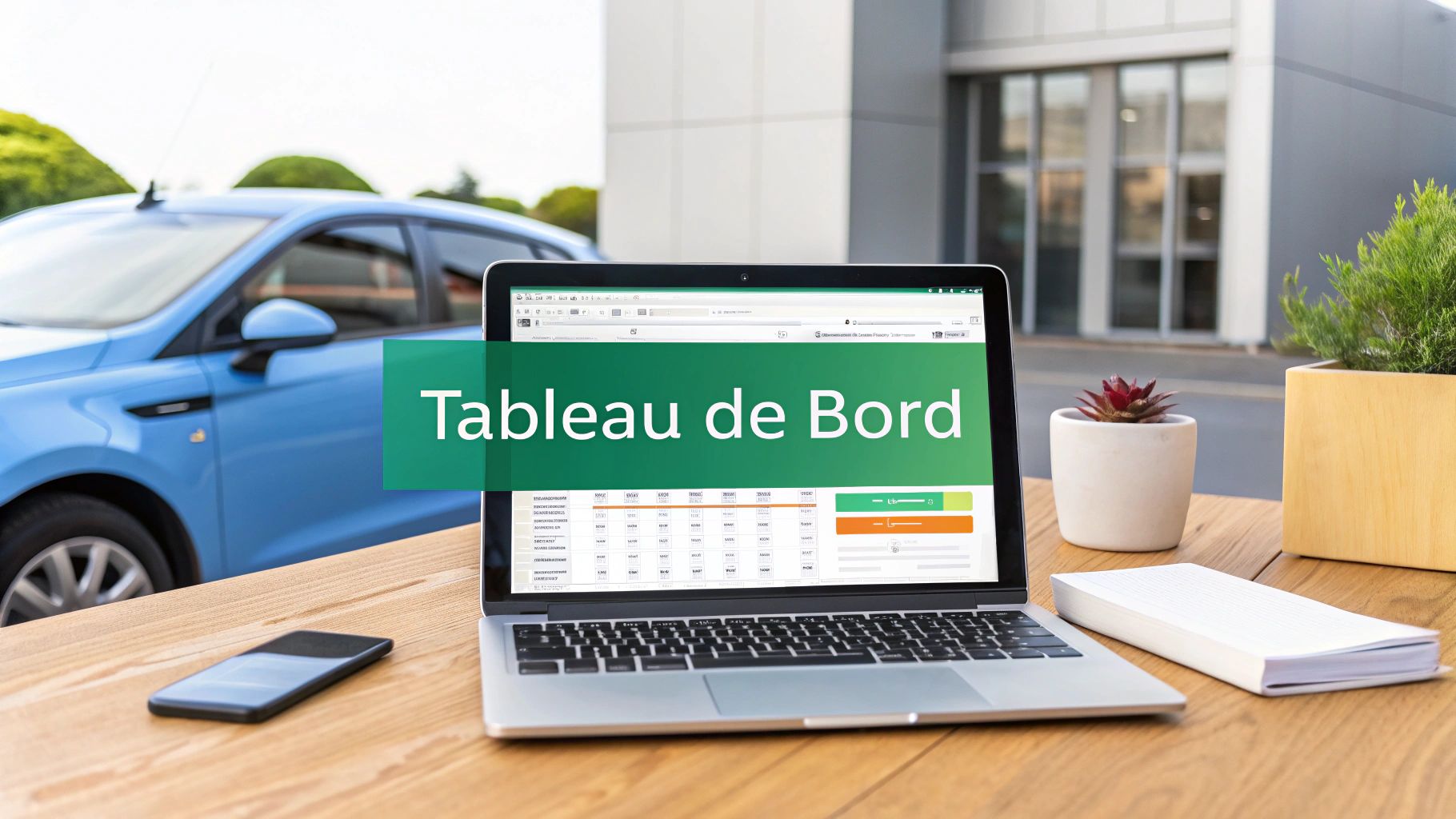 Ordinateur portable affichant un logiciel de tableau de bord sur une table en bois, avec une voiture en arrière-plan et des plantes.