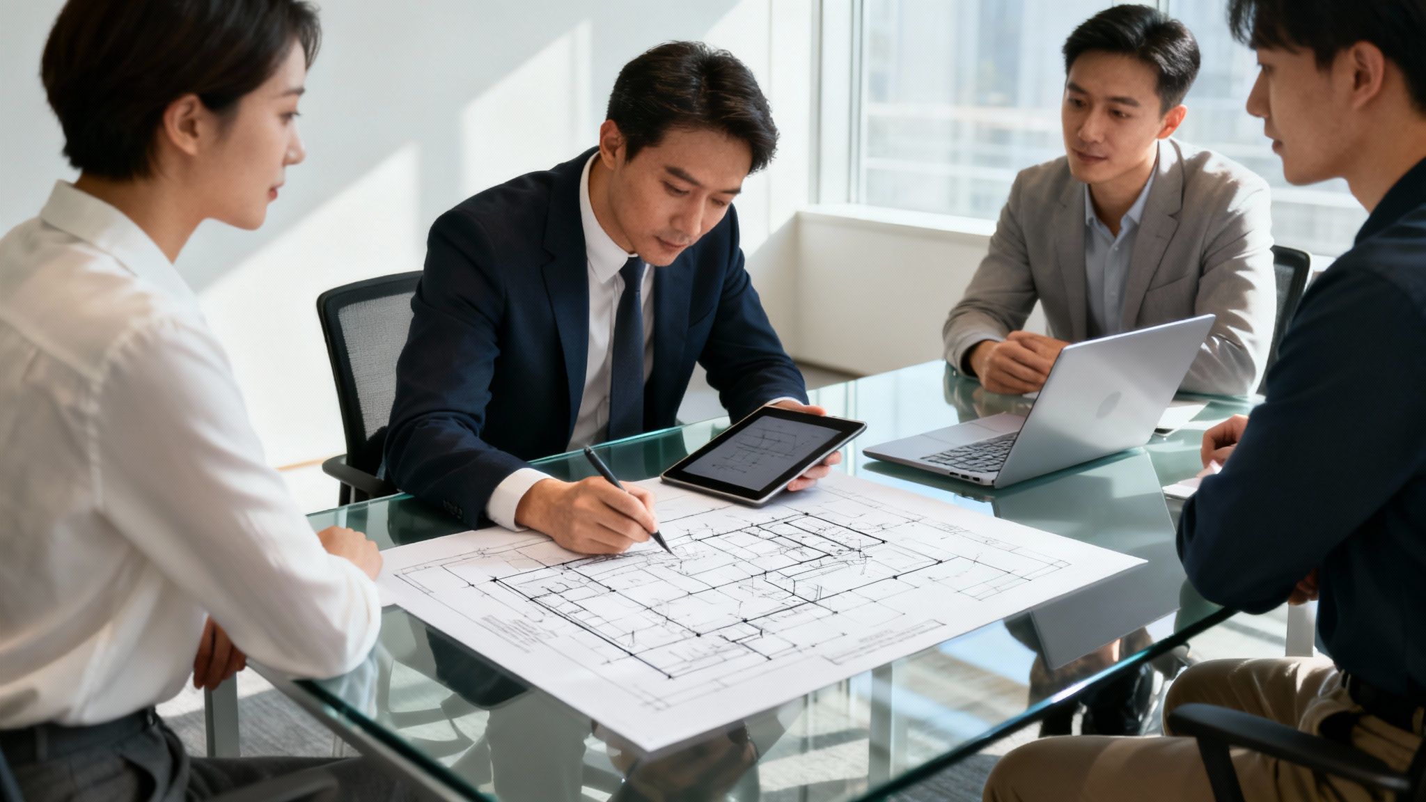 Quatre professionnels asiatiques en réunion de travail, examinant des plans architecturaux et des écrans d'ordinateur.