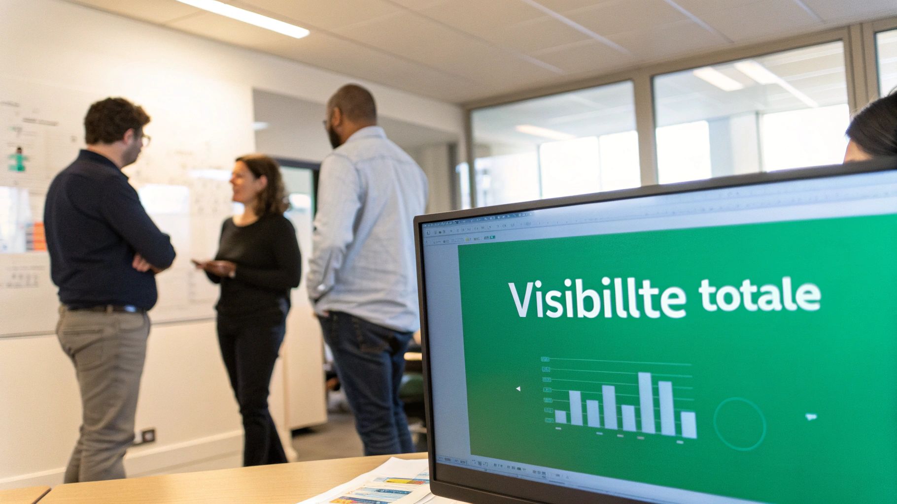 Des collègues discutent dans un bureau moderne, avec un écran affichant une présentation sur la visibilité totale et un graphique.