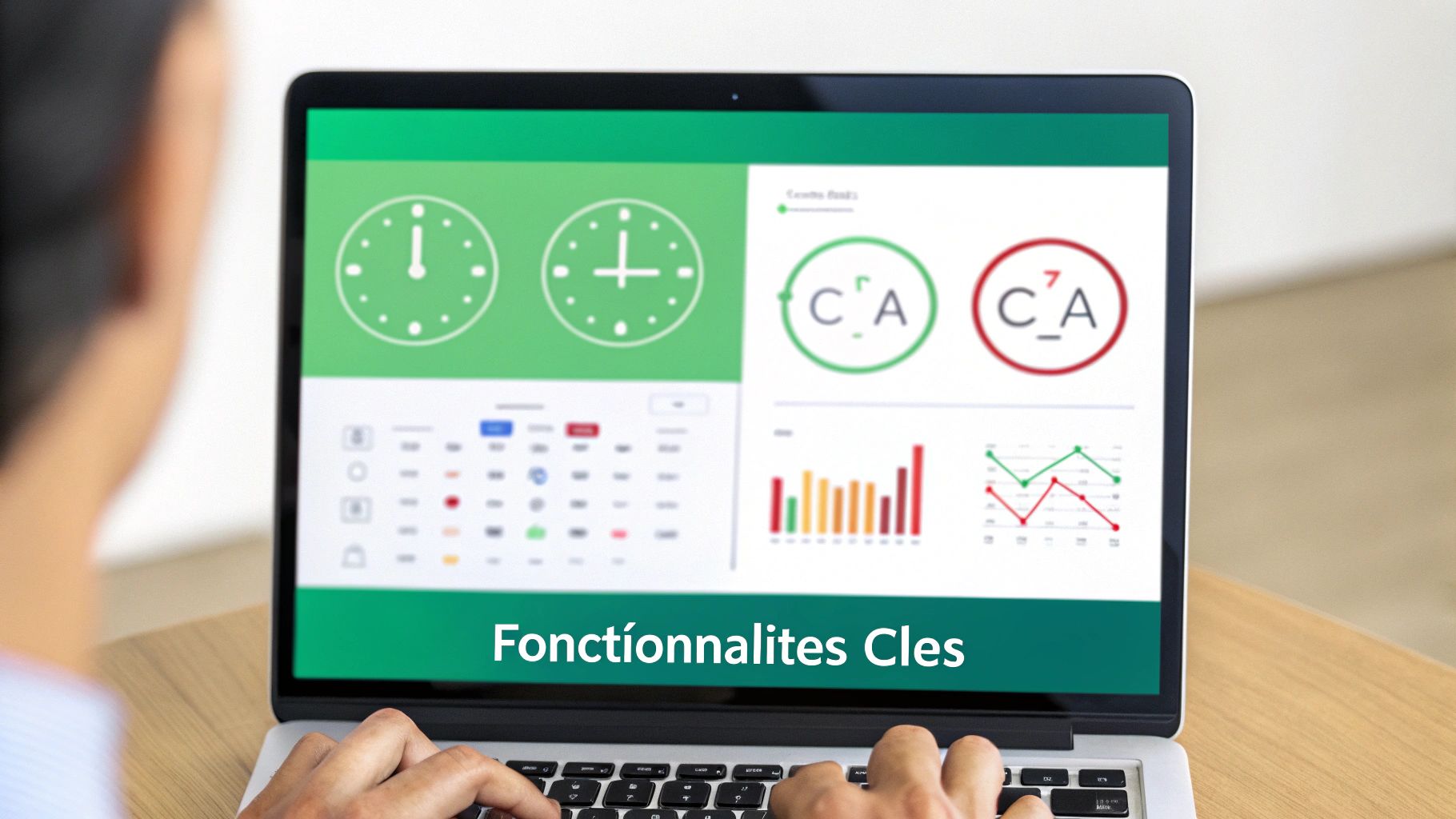 Un utilisateur devant un ordinateur portable affichant un tableau de bord avec horloges, graphiques et analyses de données.