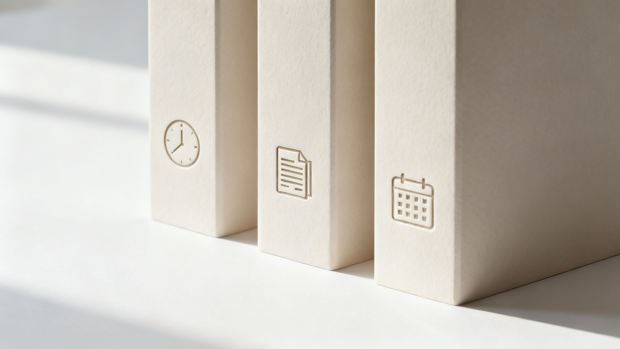 Trois boîtes d'organisation de bureau beiges avec des icônes symboliques de temps, document et calendrier.