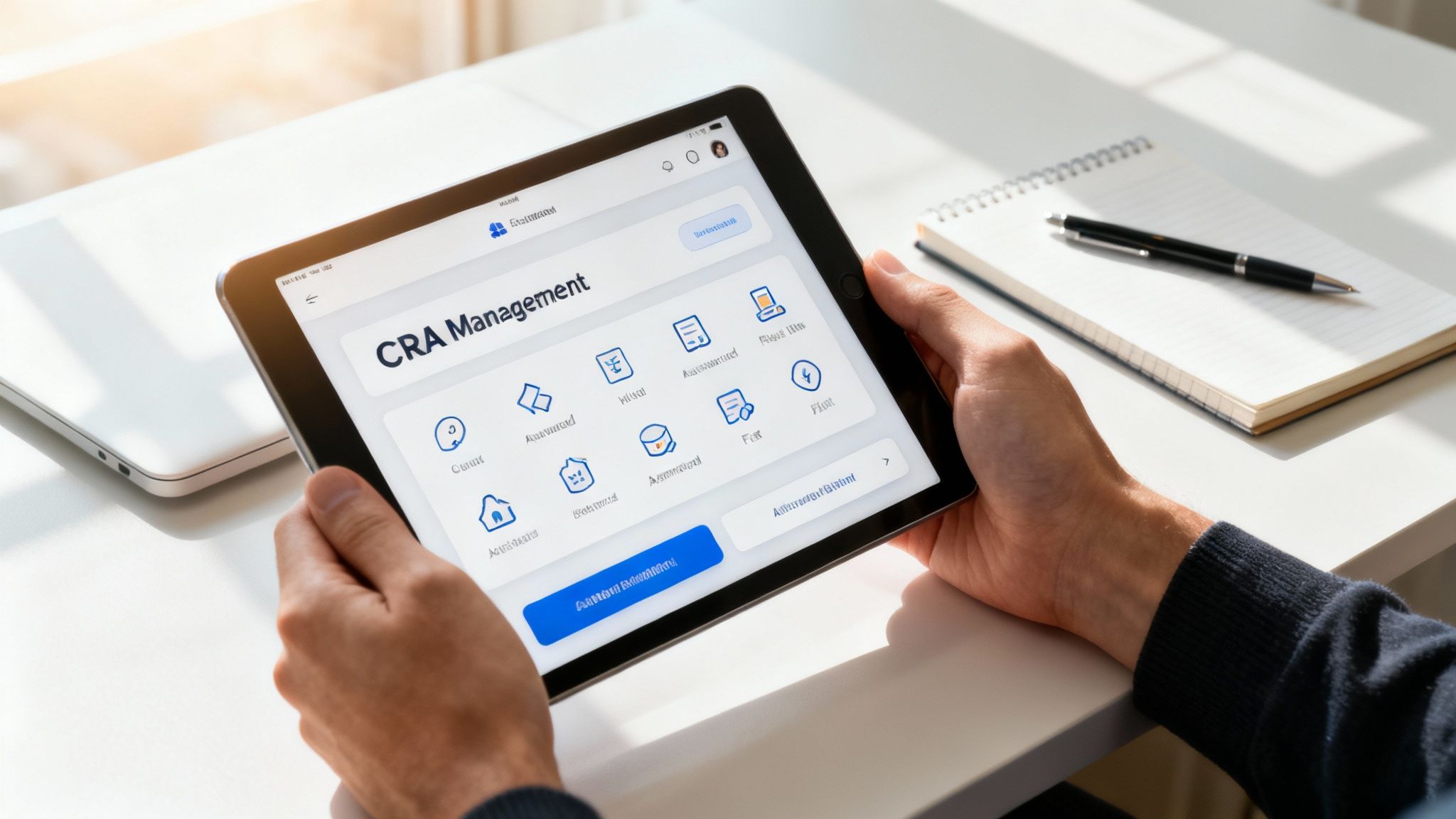 Personne tenant une tablette affichant une application de gestion, avec un ordinateur portable et un carnet sur le bureau.