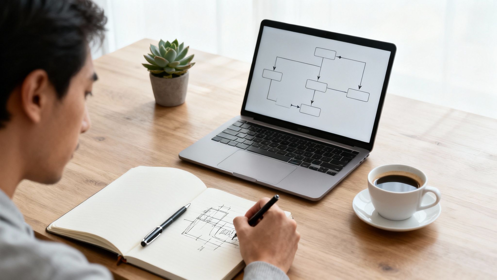 Homme dessine sur carnet, ordinateur portable affichant diagramme, café et plante sur bureau en bois.