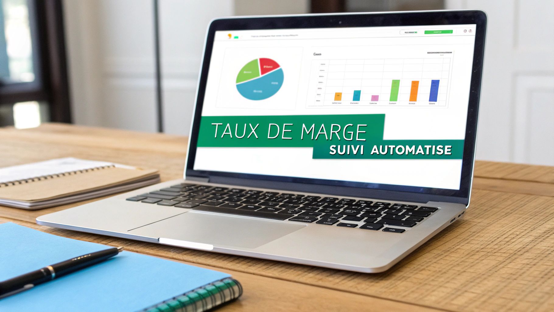 Ordinateur portable affichant un tableau de bord avec le taux de marge et un suivi automatisé sur un bureau en bois.