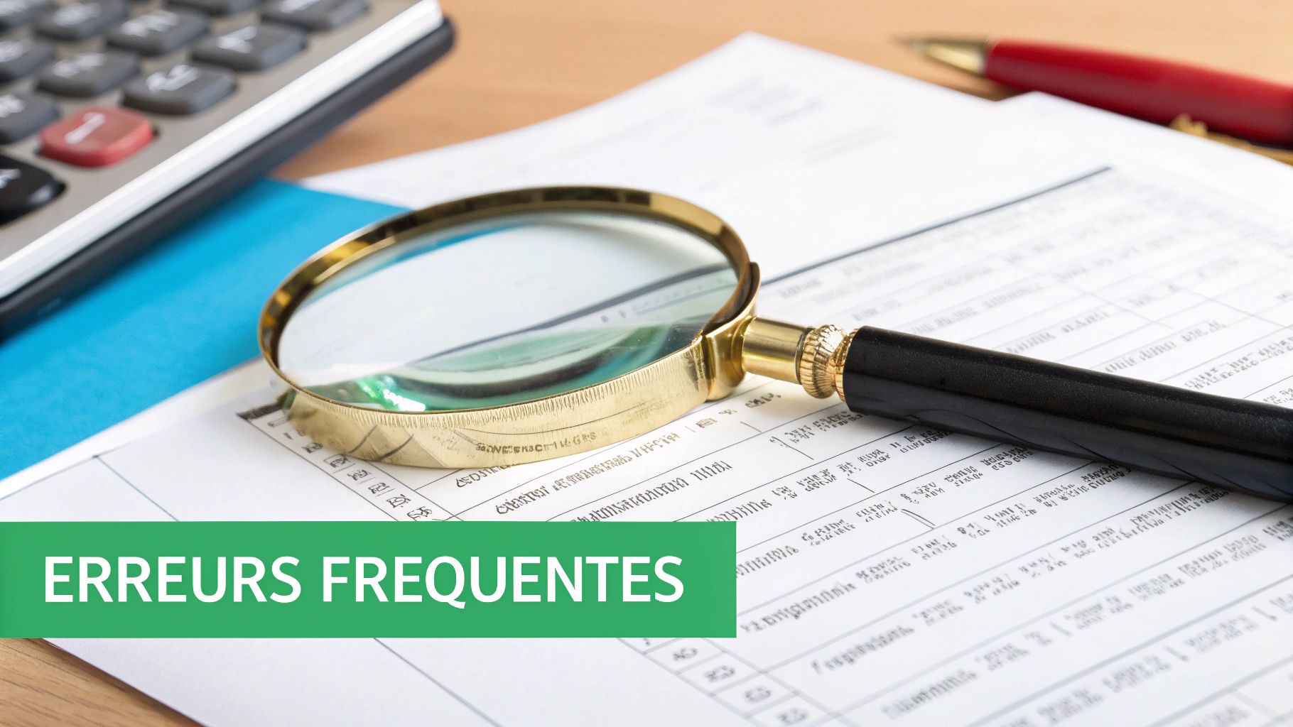 Loupe sur un document financier avec une calculatrice et un stylo, soulignant les erreurs fréquentes.