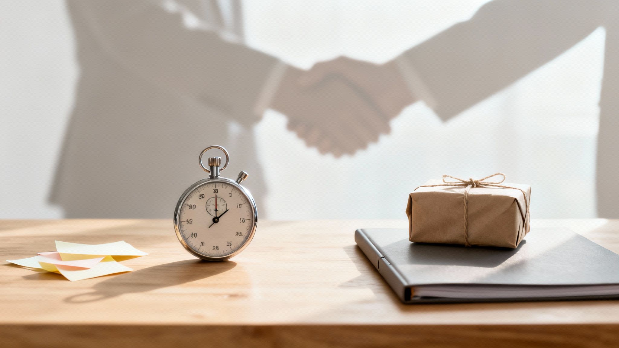 Un bureau avec chronomètre, notes adhésives, colis et carnet. Deux personnes se serrent la main en arrière-plan flou.