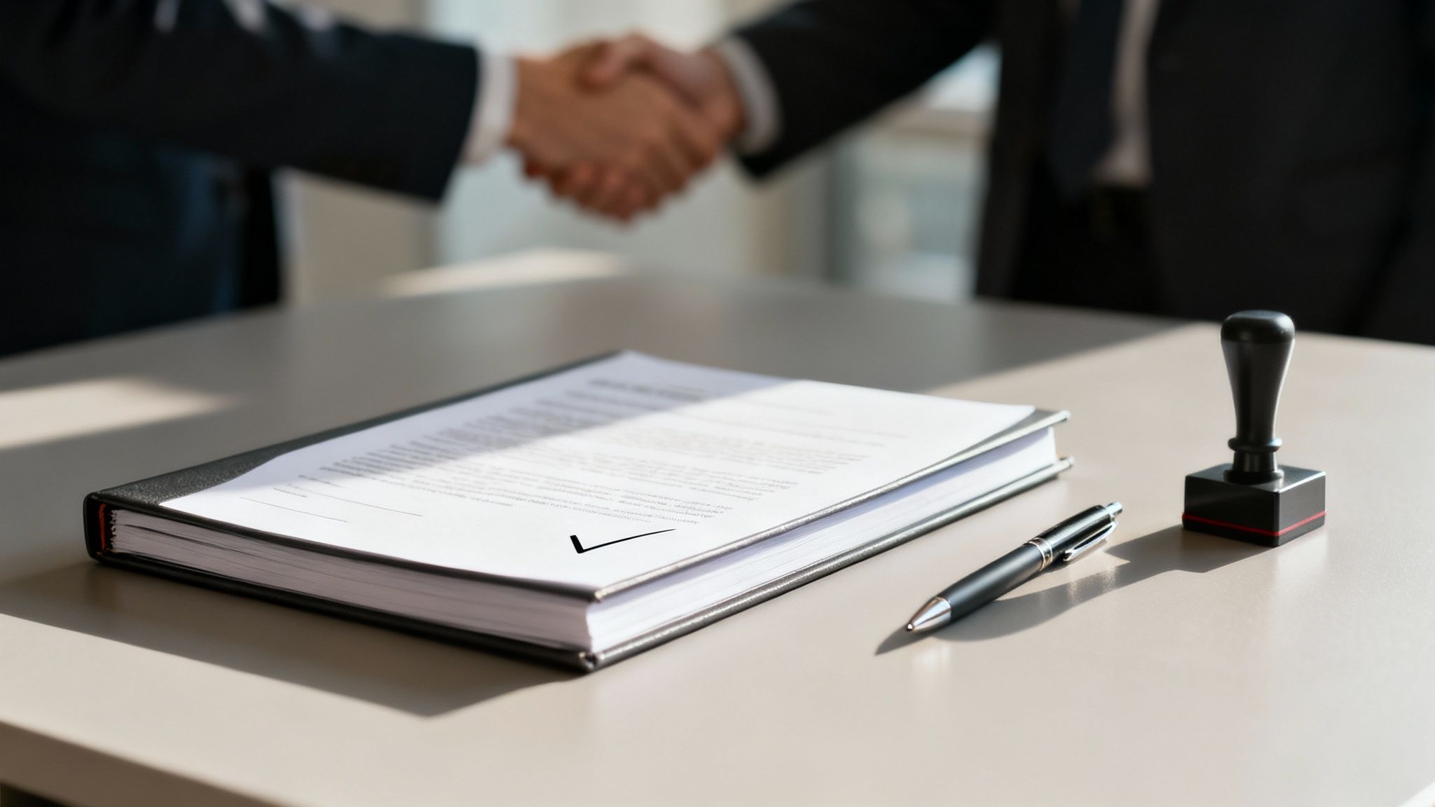 Deux hommes d'affaires se serrent la main, avec un contrat, un stylo et un tampon sur la table au premier plan.