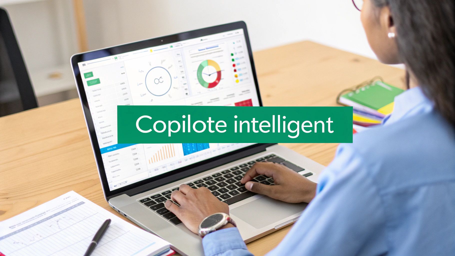 Personne utilisant un ordinateur portable affichant des graphiques de données et le texte «Copilote intelligent».