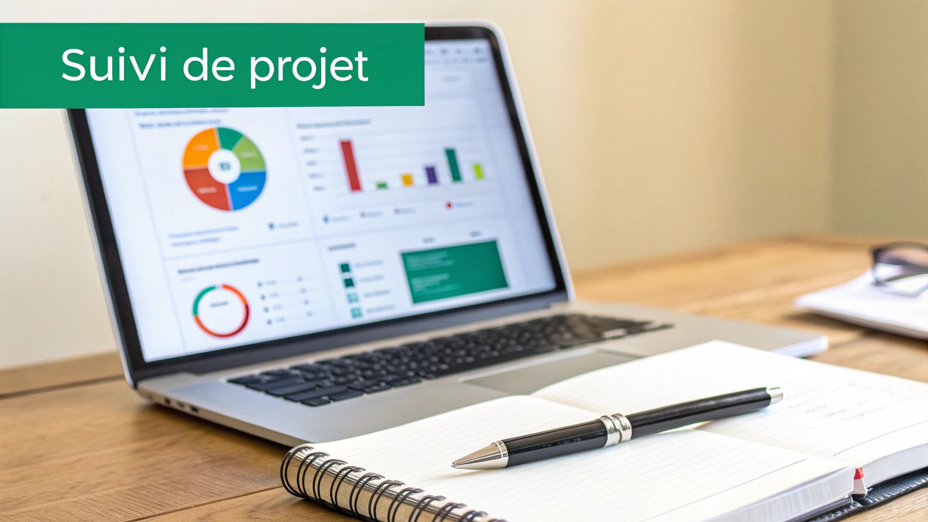 Suivi de projet affiché sur un ordinateur portable avec des graphiques, un carnet et un stylo sur un bureau en bois.