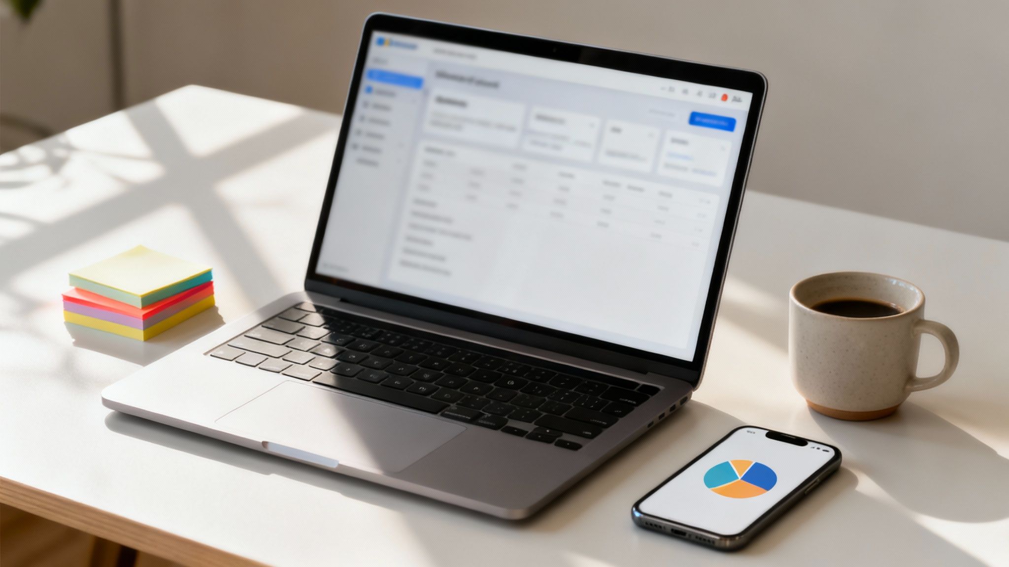 Ordinateur portable, smartphone avec graphique, tasse de café et notes autocollantes colorées sur un bureau ensoleillé.