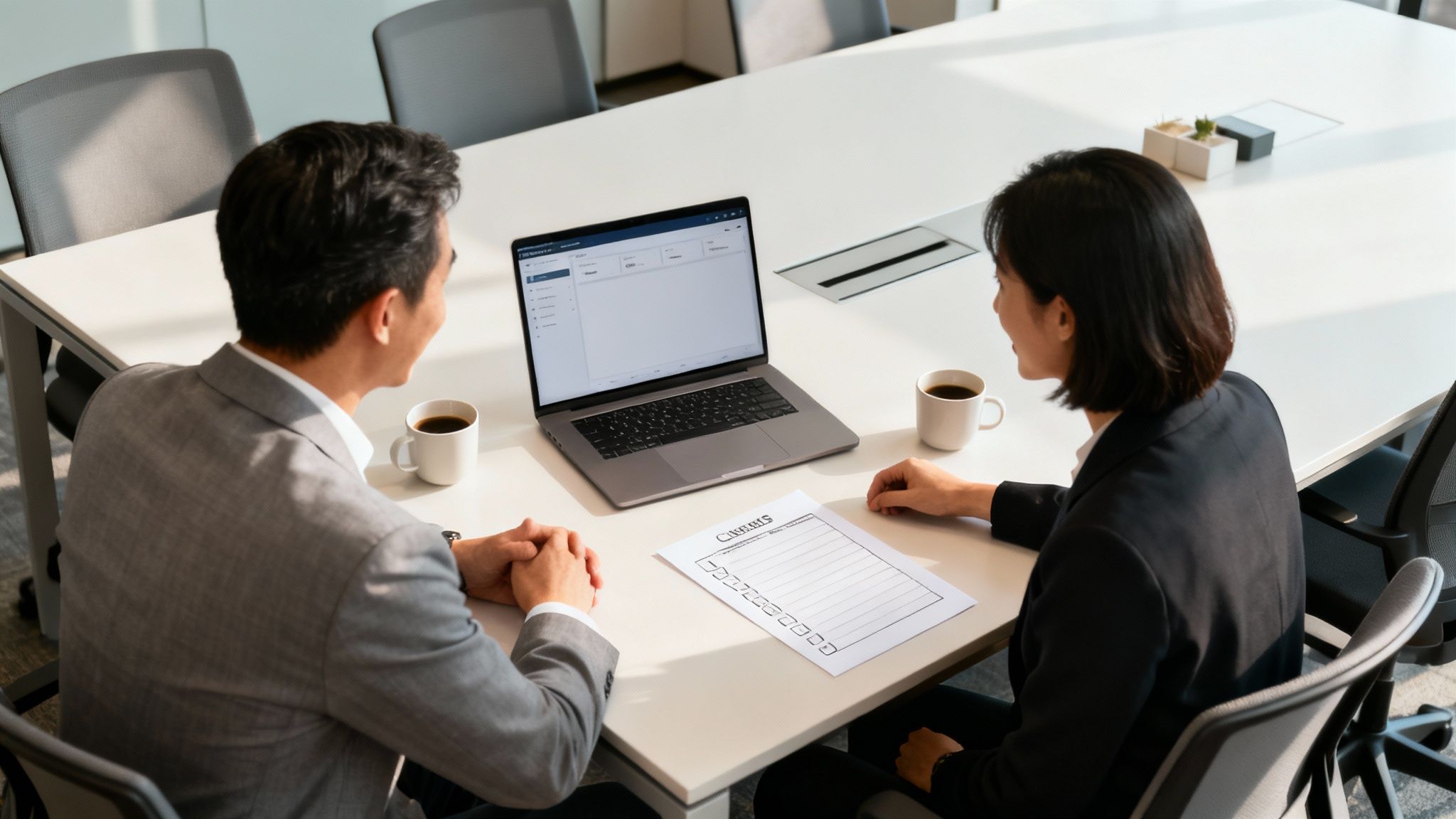 Deux personnes en réunion de travail devant un ordinateur portable et une liste de contrôle sur une table de bureau.