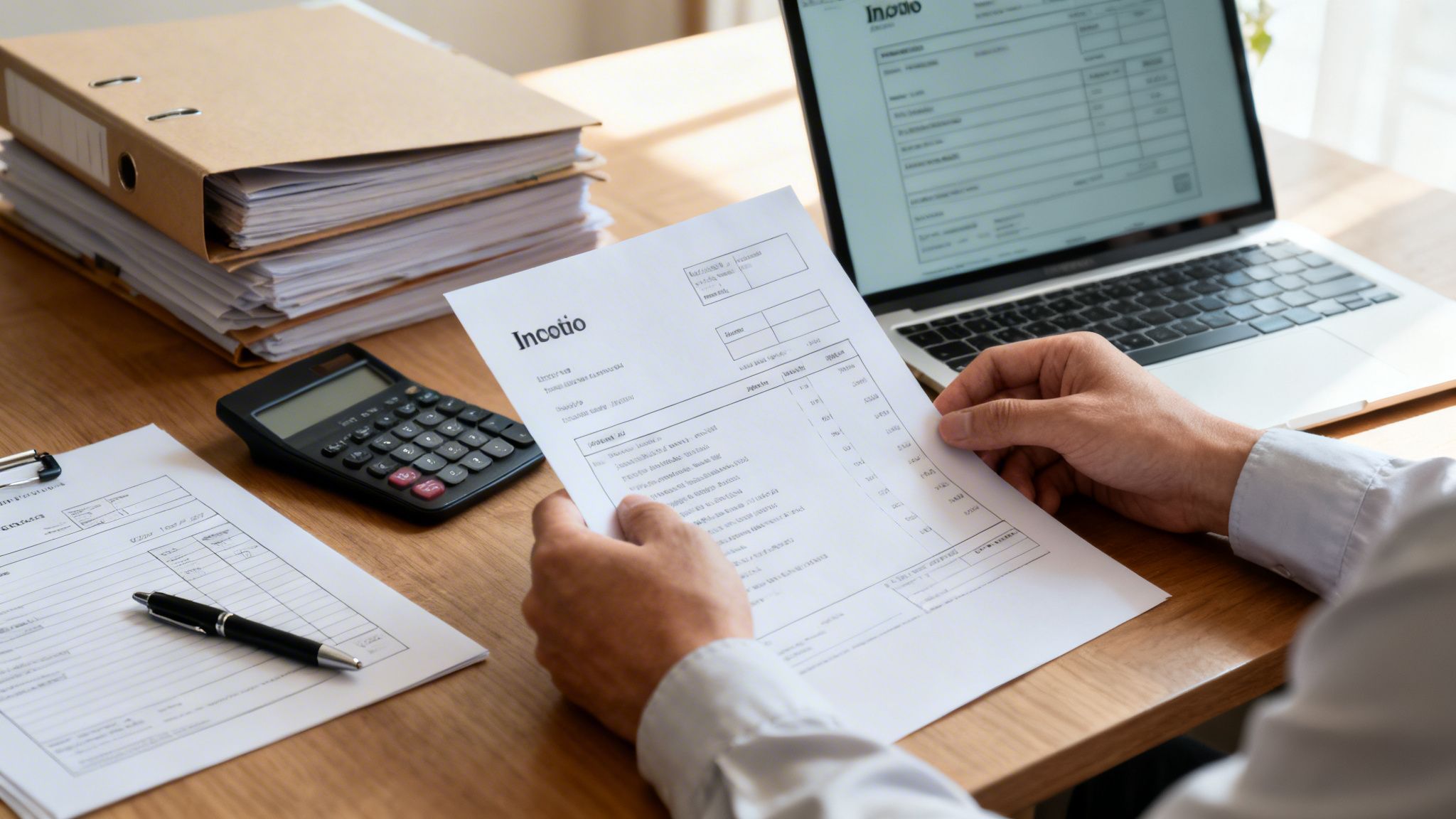 Personne tenant une facture Incotio, un ordinateur portable, une calculatrice et des dossiers sur un bureau en bois.
