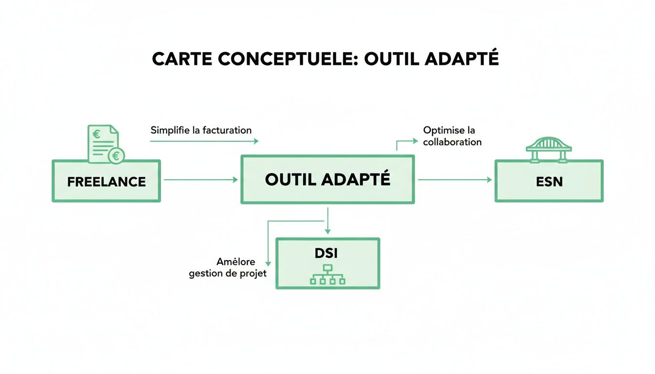 Carte conceptuelle d'un outil adapté pour freelances, ESN et DSI, simplifiant facturation et optimisant la gestion.