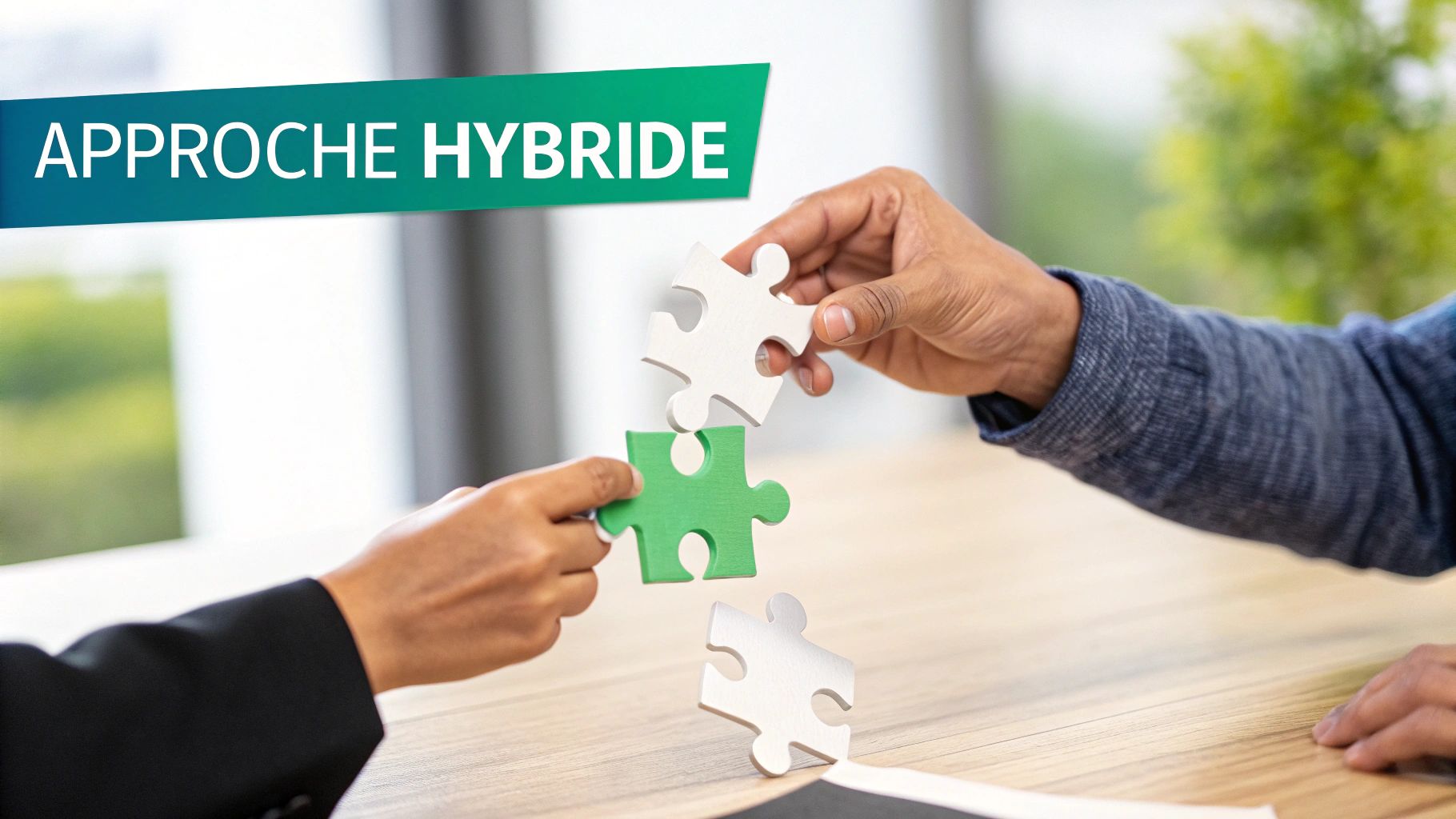 Deux personnes assemblent des pièces de puzzle, une verte et deux blanches, sur une table en bois sous le texte 'APPROCHE HYBRIDE'.