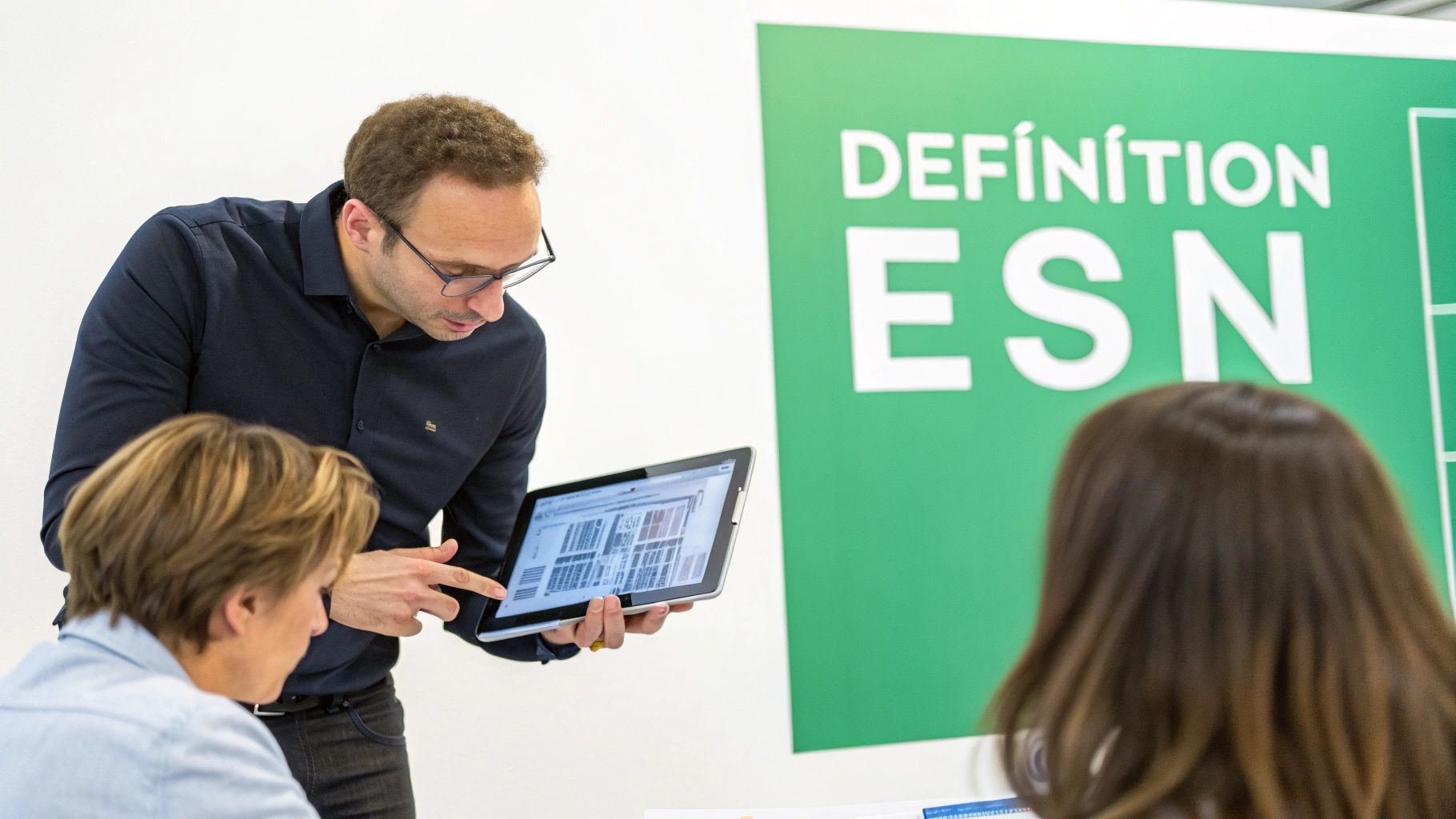Un homme en chemise noire et lunettes montre une définition ESN sur une tablette à une femme.