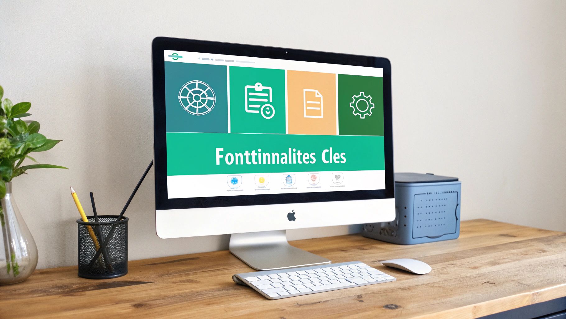 Un ordinateur de bureau affiche un logiciel de reporting avec des icônes colorées sur un bureau en bois.