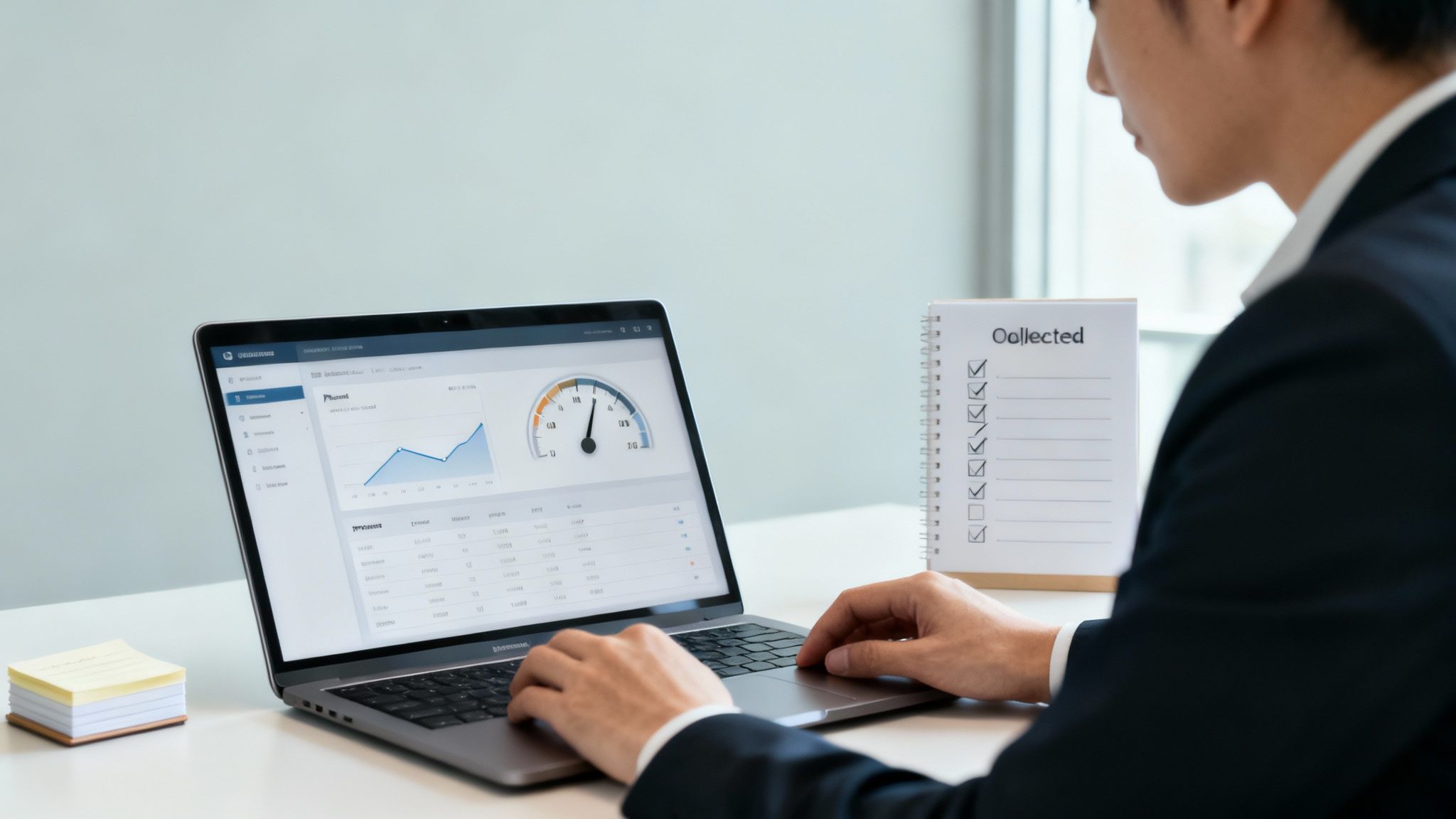 Un homme en costume utilise un ordinateur portable affichant des graphiques et des données, avec une checklist « Collected » à côté.