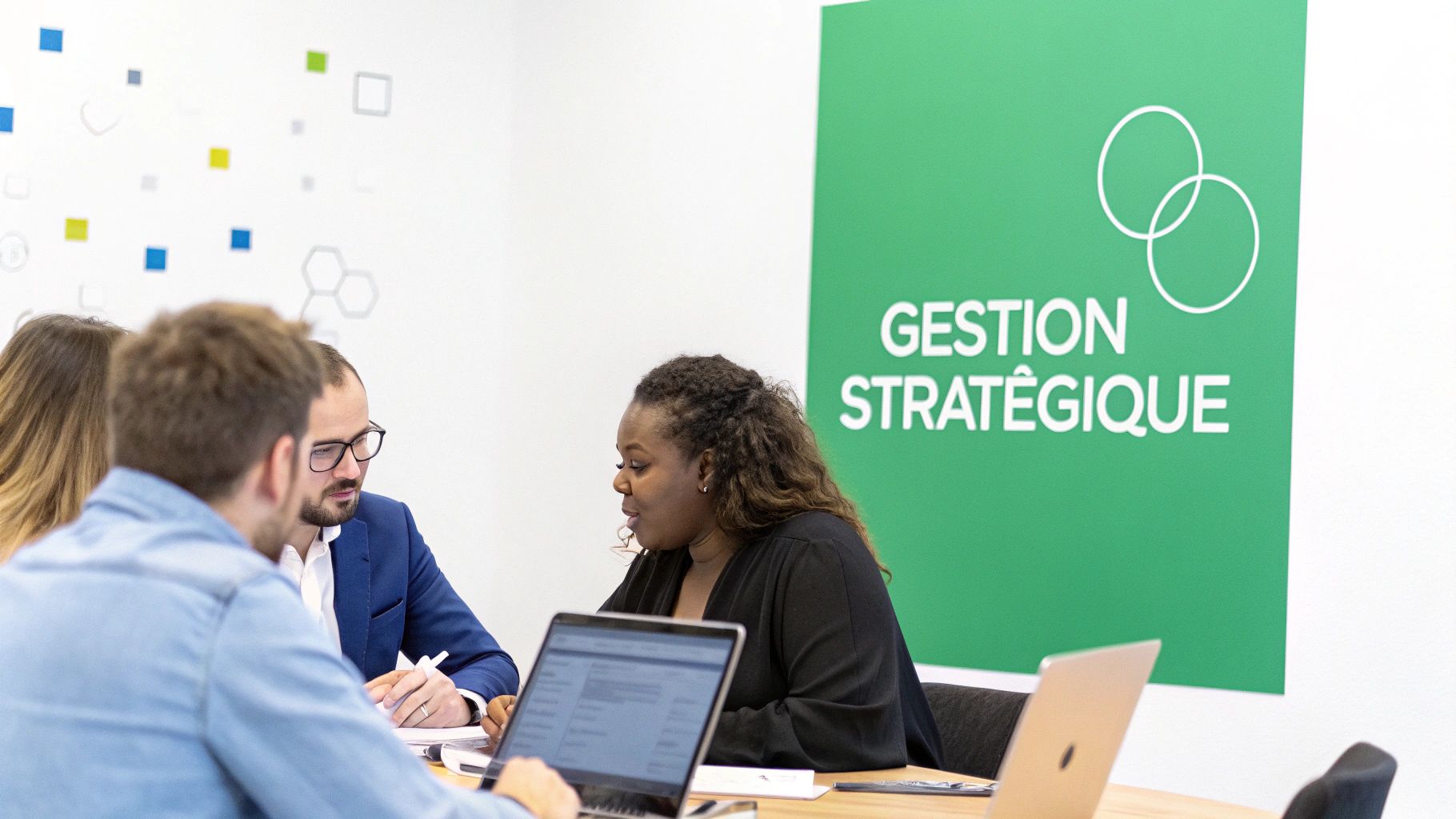 Quatre personnes en réunion d'affaires autour d'une table avec ordinateurs portables, devant une affiche verte 'Gestion Stratégique'.