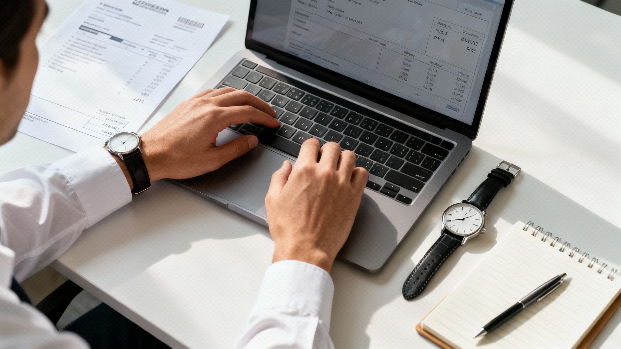 Un homme tape sur un ordinateur portable, entouré de documents, d'un carnet et d'une montre, sur un bureau clair.