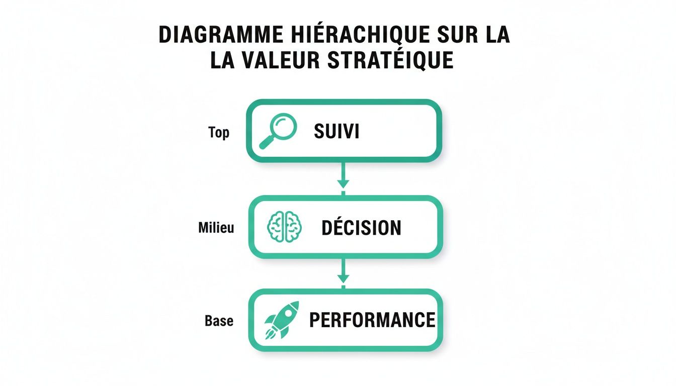Diagramme hiérarchique illustrant les étapes clés de la valeur stratégique : suivi, décision et performance.